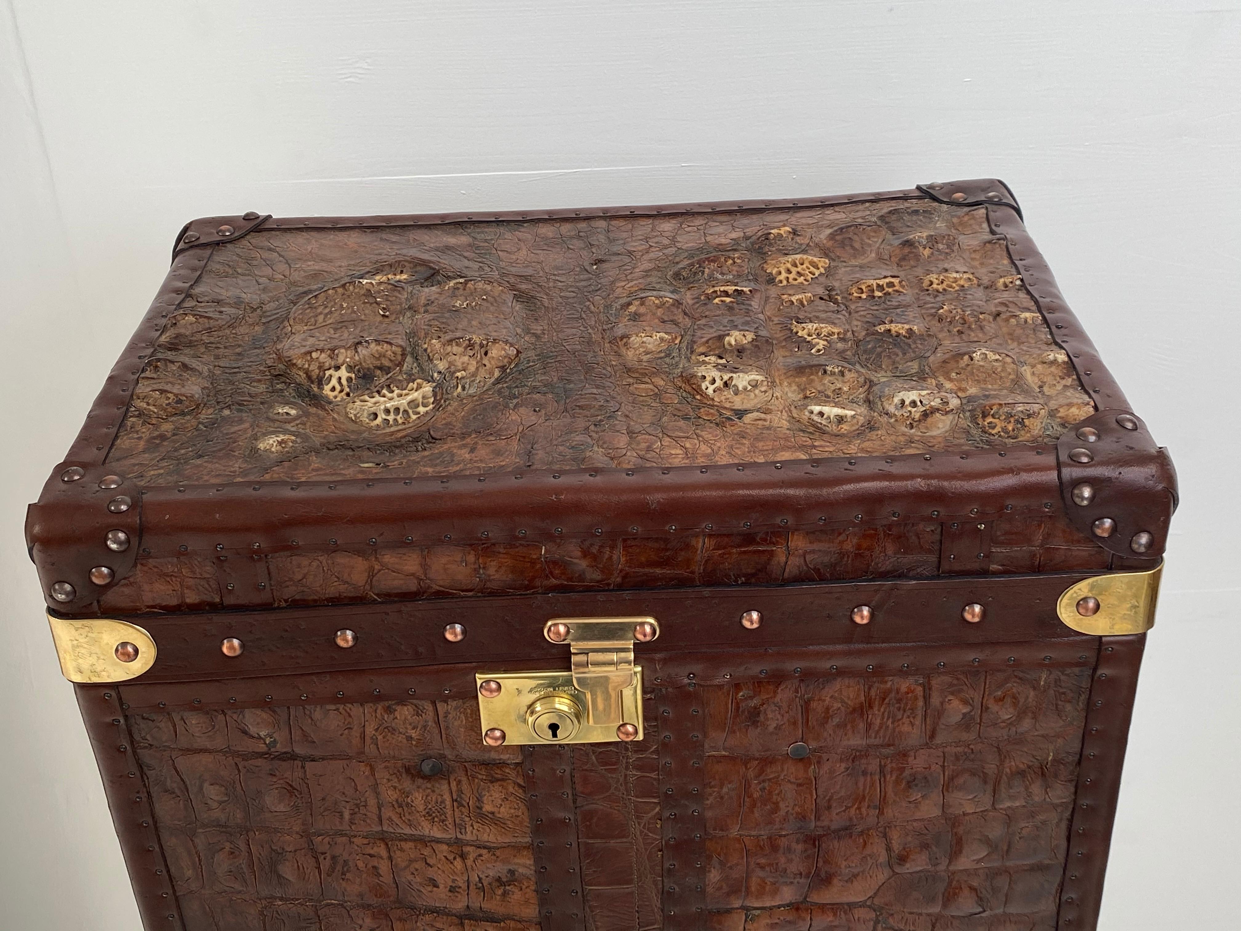 Polished Exceptional English Antique Leather Trunk with Crocodile Skin Top For Sale