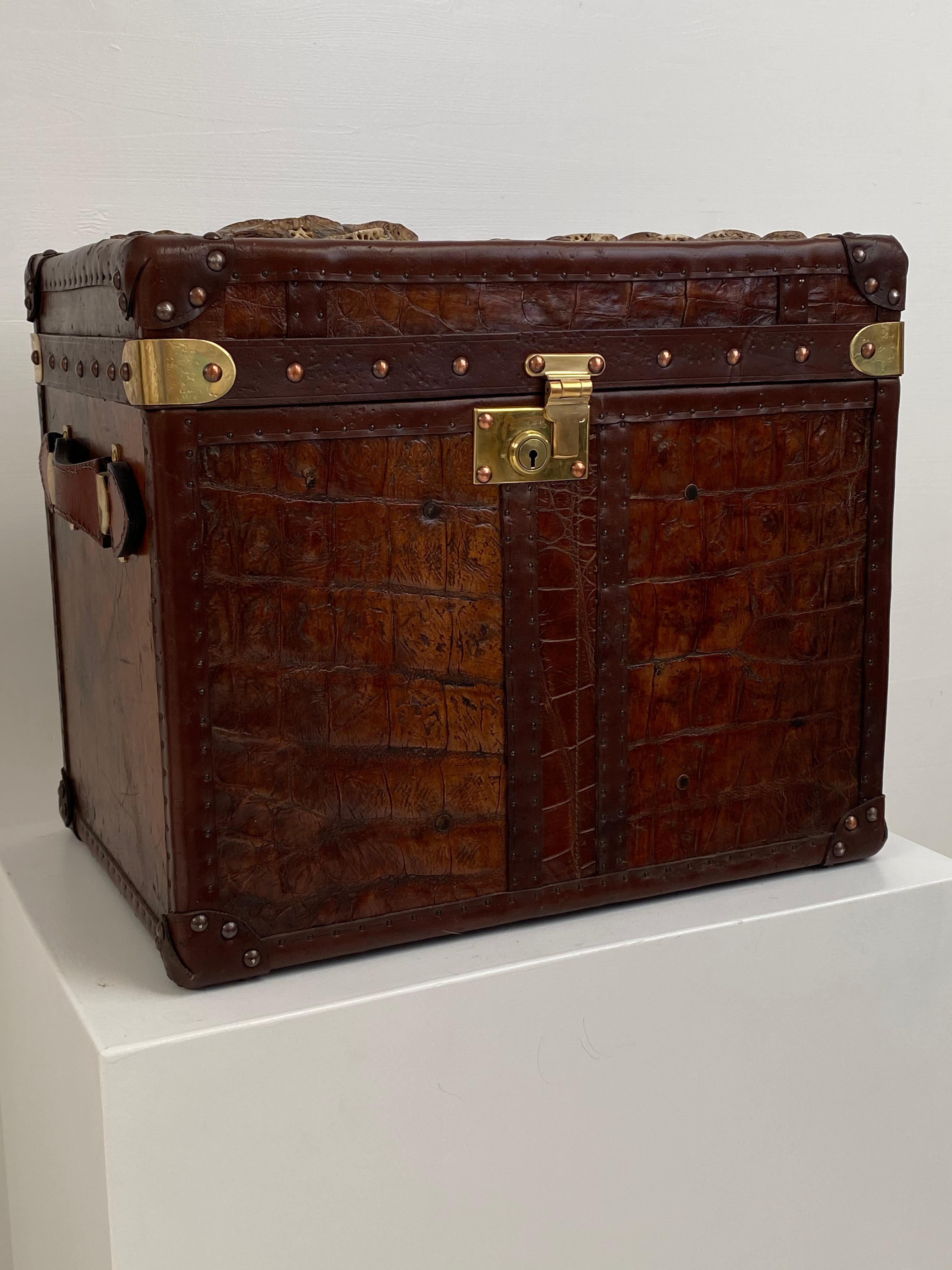 20th Century Exceptional English Antique Leather Trunk with Crocodile Skin Top For Sale