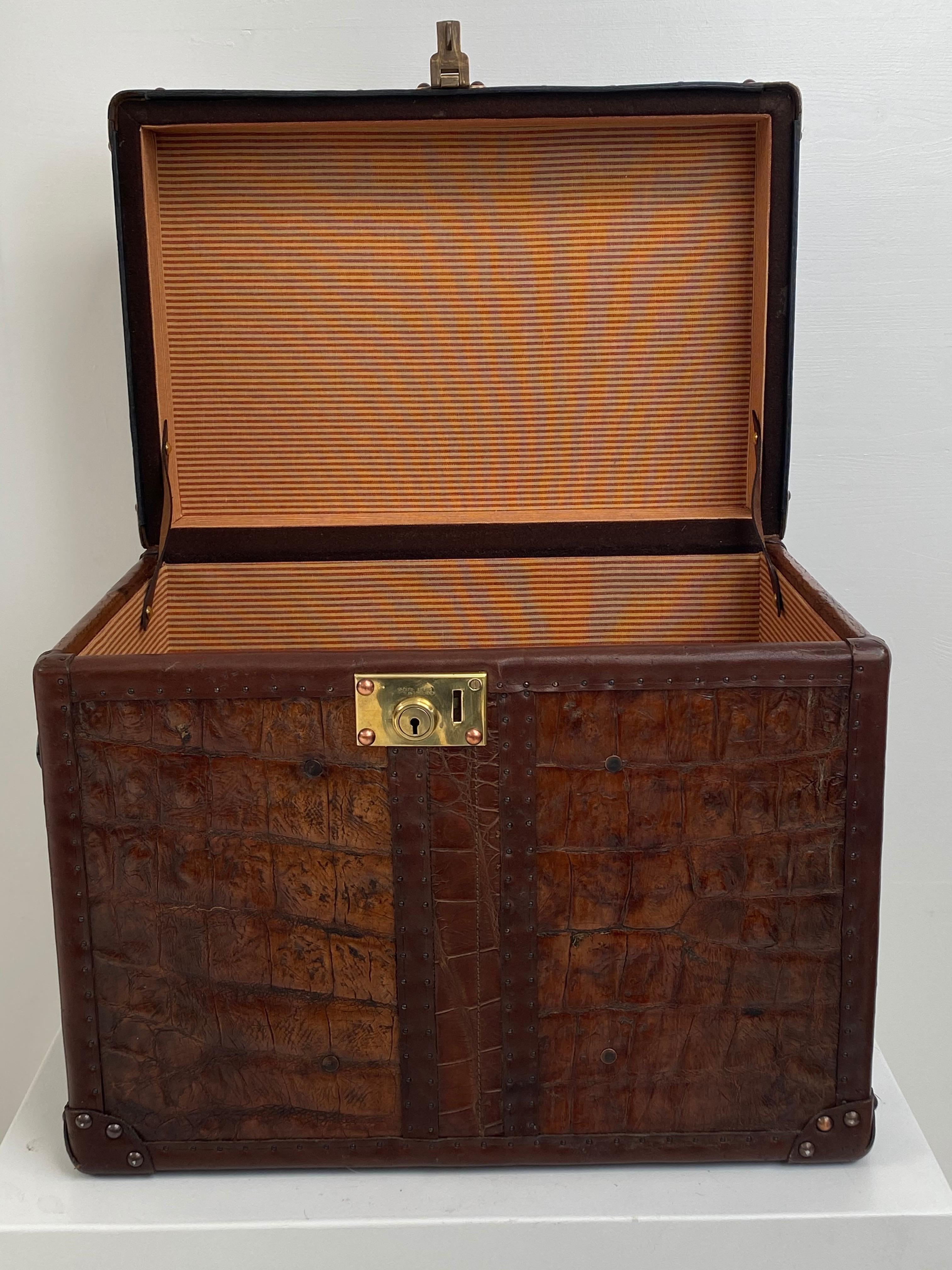 Exceptional English Antique Leather Trunk with Crocodile Skin Top For Sale 1
