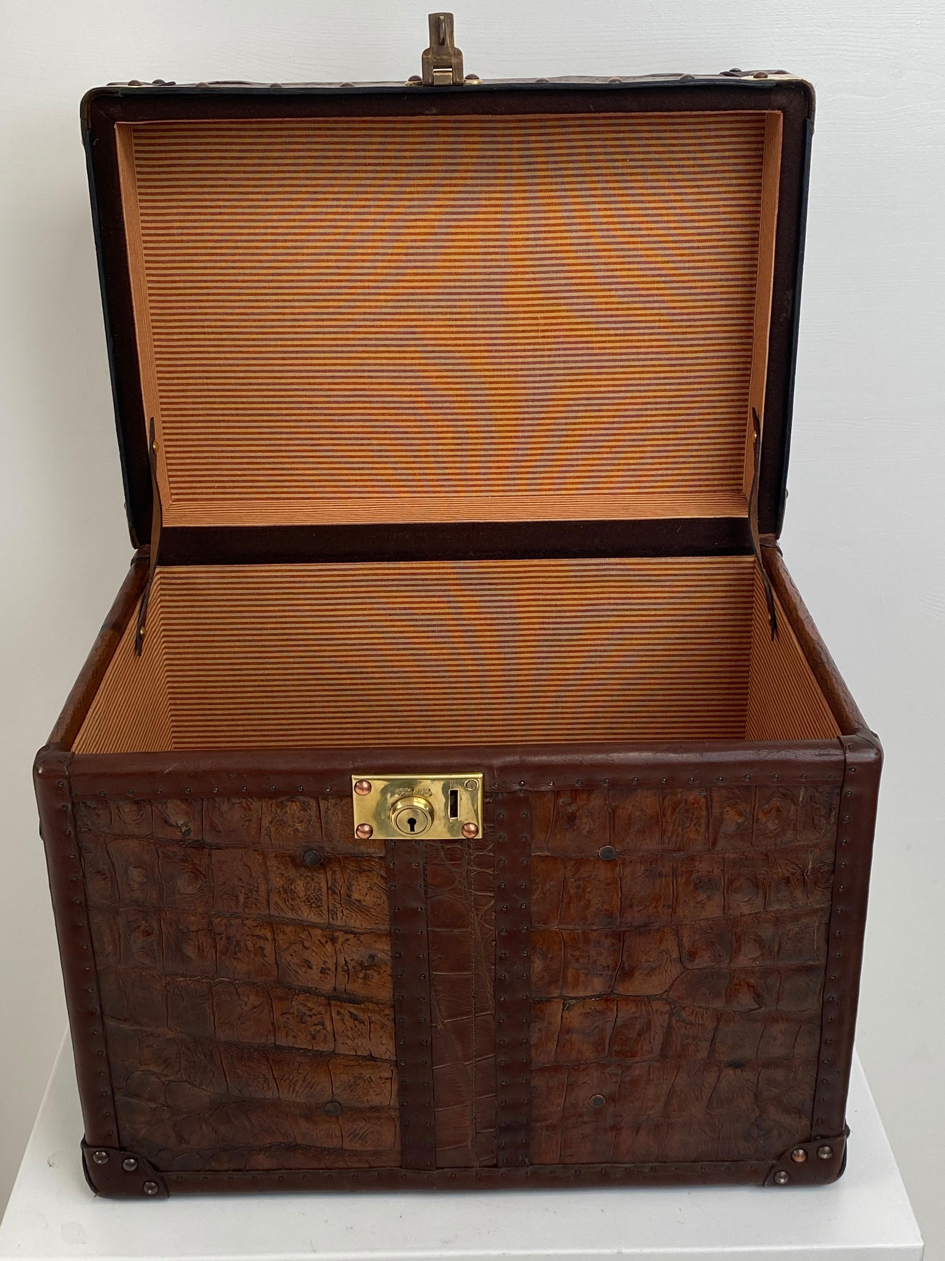 Exceptional English Antique Leather Trunk with Crocodile Skin Top For Sale 2