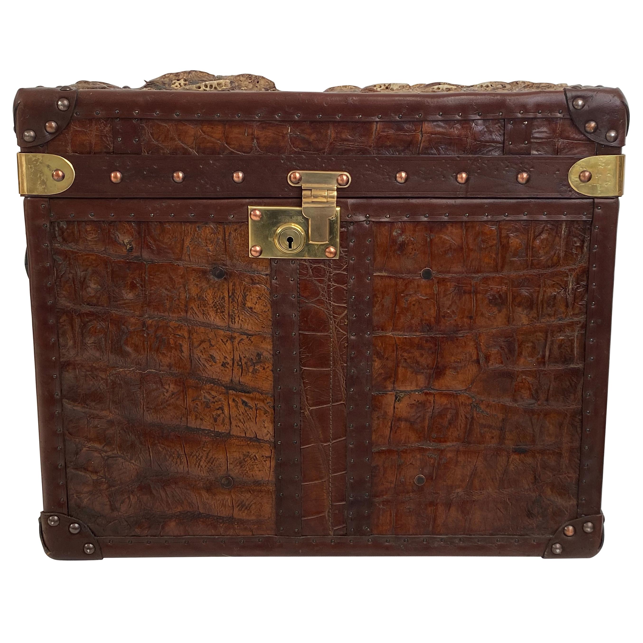 Exceptional English Antique Leather Trunk with Crocodile Skin Top For Sale