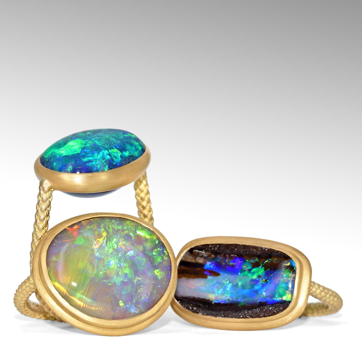 One of a Kind Editions Ring hand-fabricated in Japan by jewelry designer Shinobu Marotta (Talkative Atelier) showcasing an extraordinary 5.61 carat crystal semi black opal from the coveted Lightning Ridge mine in Australia, framed and bezel-set in
