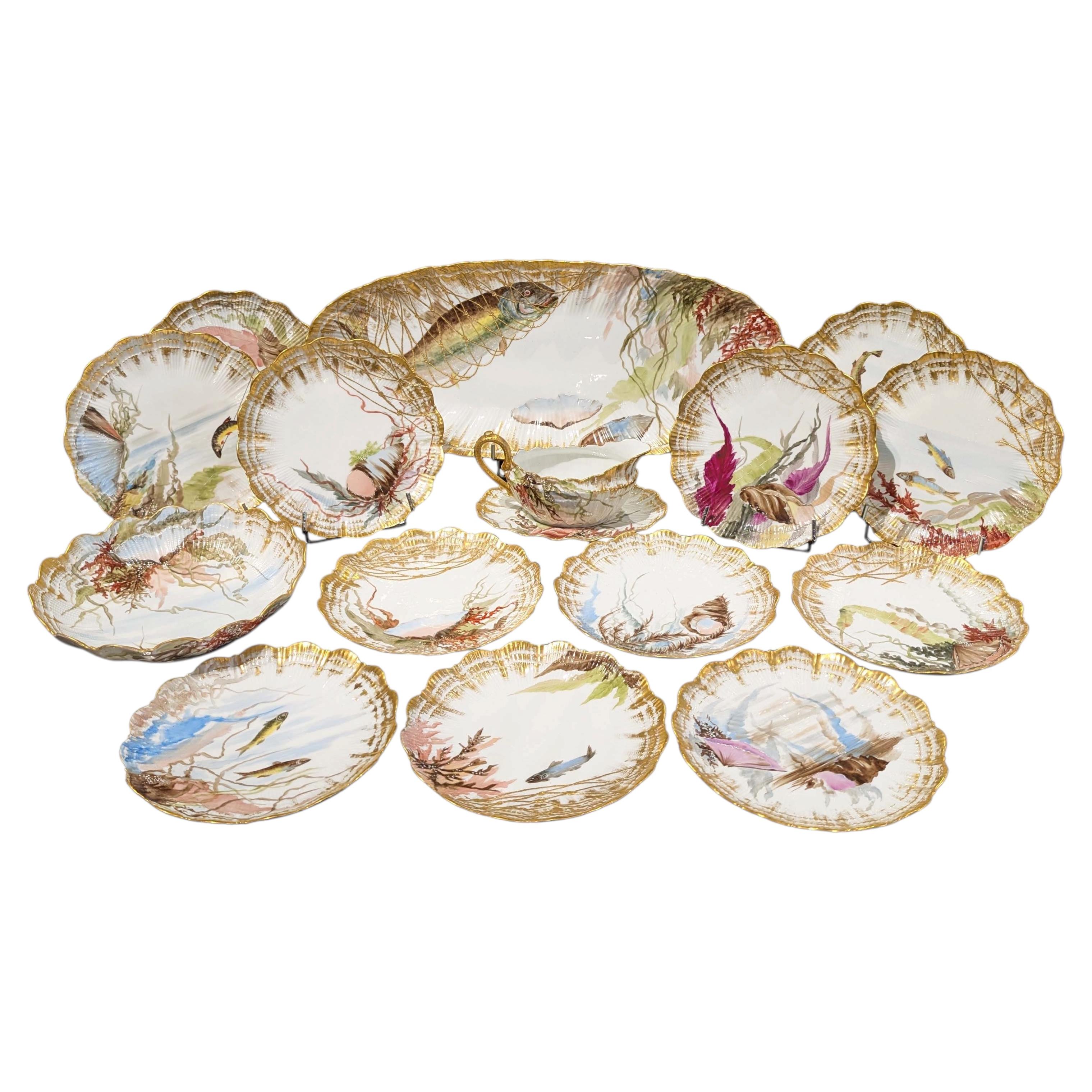 Exceptional Limoges porcelain fish service, circa 1895, 15 pieces