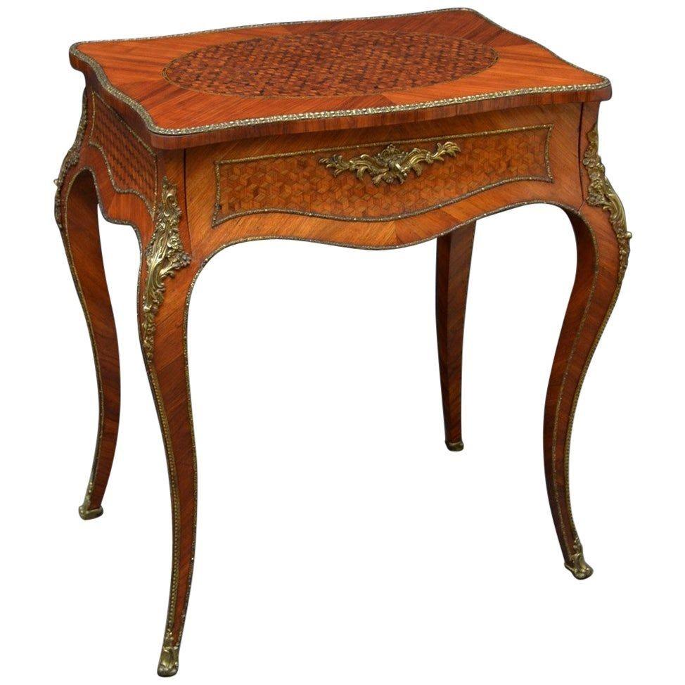 Sn4037 Stunning Continental tulipwood dressing table of serpentine design, having tulipwood and rosewood parquetry inlaid panel and brass decorated edge to hinged top which opens to reveal original mirror and finely engraved hinges and lock above a