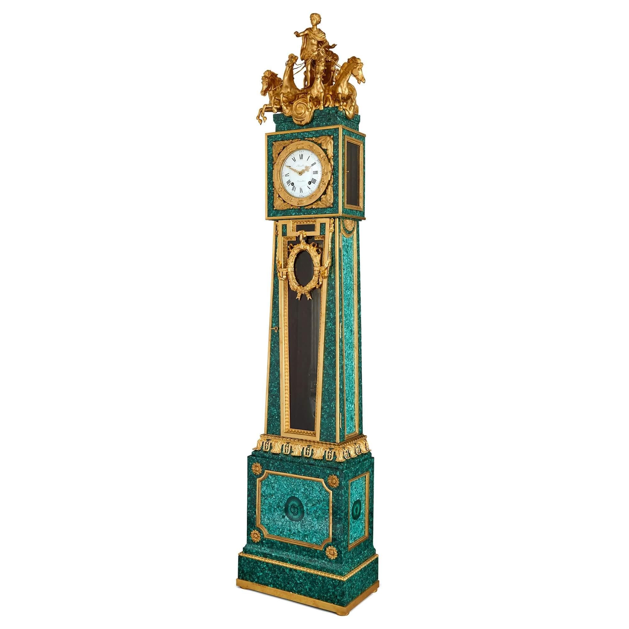 Exceptional Louis XVI style gilt bronze and malachite grandfather clock
French, late 19th century
Measures: Height 250cm, width 54cm, depth 33cm

This superb longcase clock is a wonderful example of the Belle Époque impetus to draw inspiration