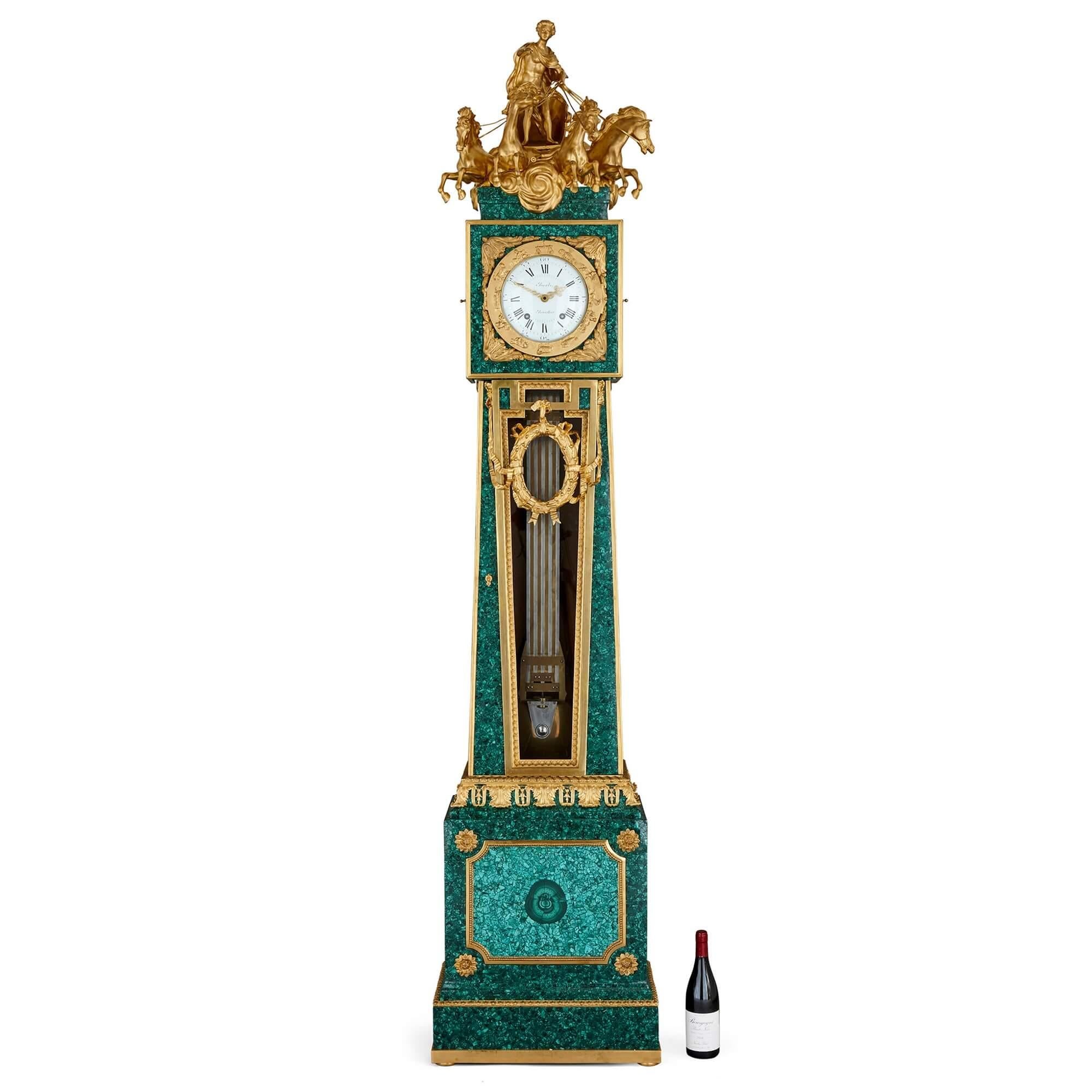 French Exceptional Louis XVI Style Gilt Bronze and Malachite Grandfather Clock For Sale