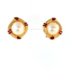 Exceptional Mabe Pearl Earrings with Diamonds and Rubies