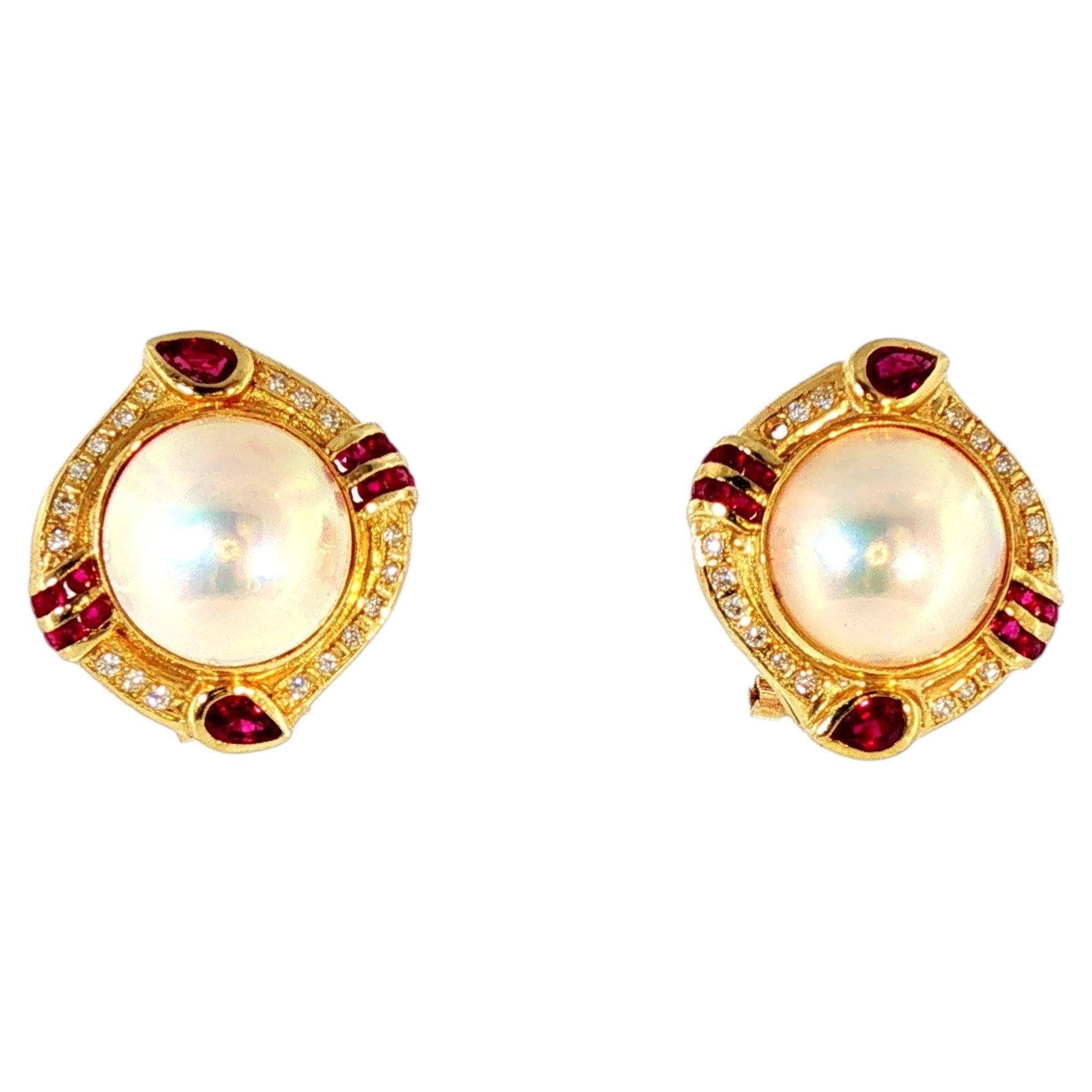 Exceptional Mabe Pearl Earrings with Diamonds and Rubies