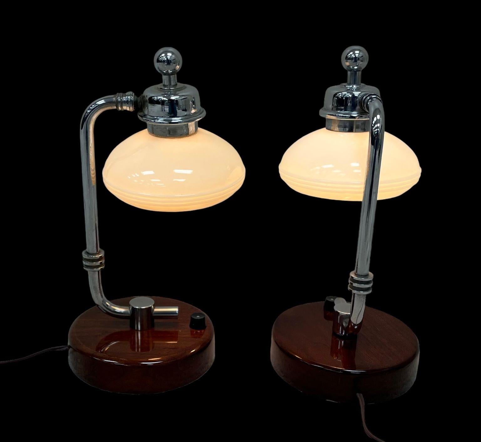 Glass Exceptional Machine Age Art Deco Walnut and Chrome Table Lamps American C.1930’s For Sale