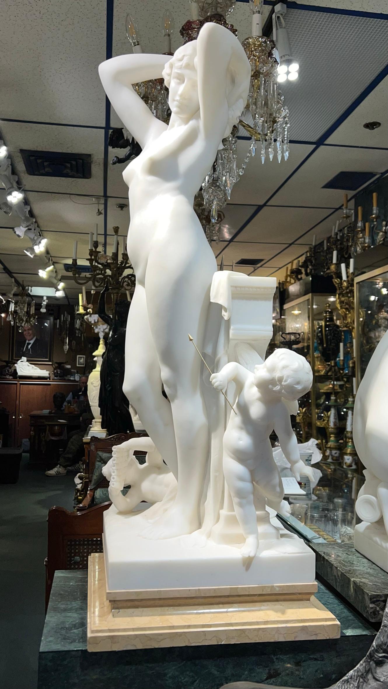 Neoclassical Revival Exceptional Marble Statue of Nude Female with Cherubs by Luca Madrassi For Sale