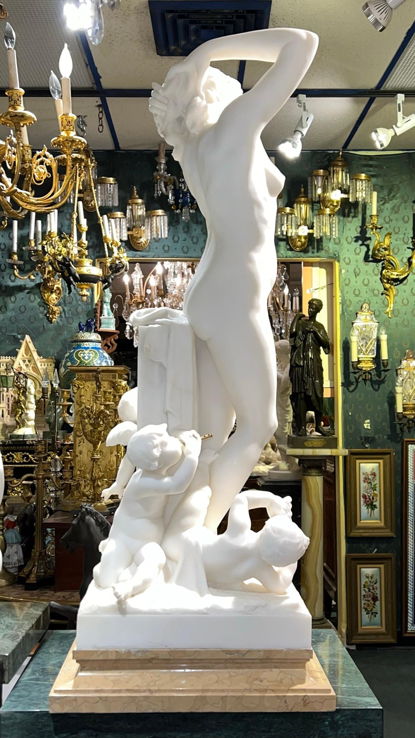 French Exceptional Marble Statue of Nude Female with Cherubs by Luca Madrassi For Sale