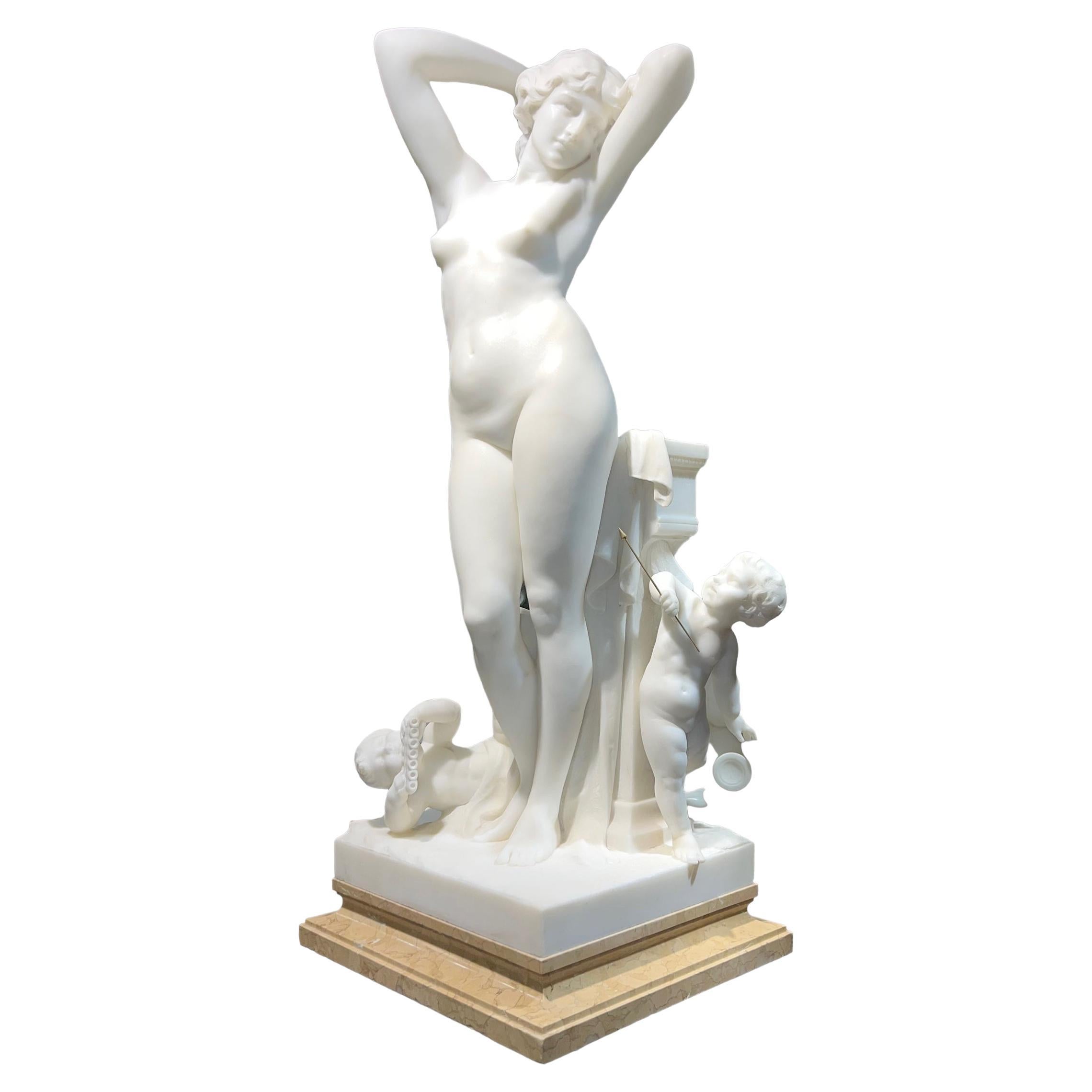 Exceptional Marble Statue of Nude Female with Cherubs by Luca Madrassi For Sale