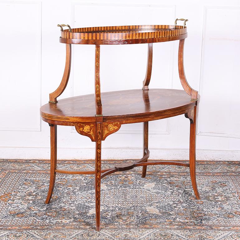 English Exceptional Marquetry Serving Stand with Tray C.1900 For Sale