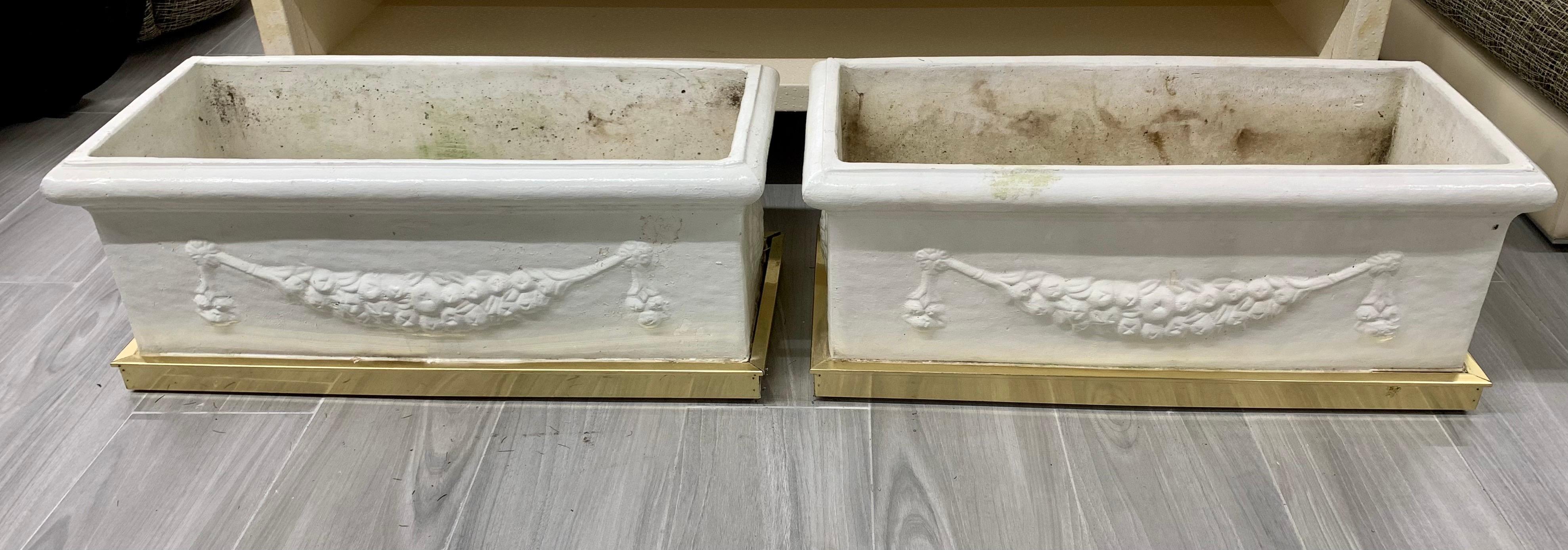 Rare to see a matching pair of large, heavy plaster planters that have a brass like gold chrome bases! Rare indeed and lines to die for. Now, more than ever, home is where the heart is.