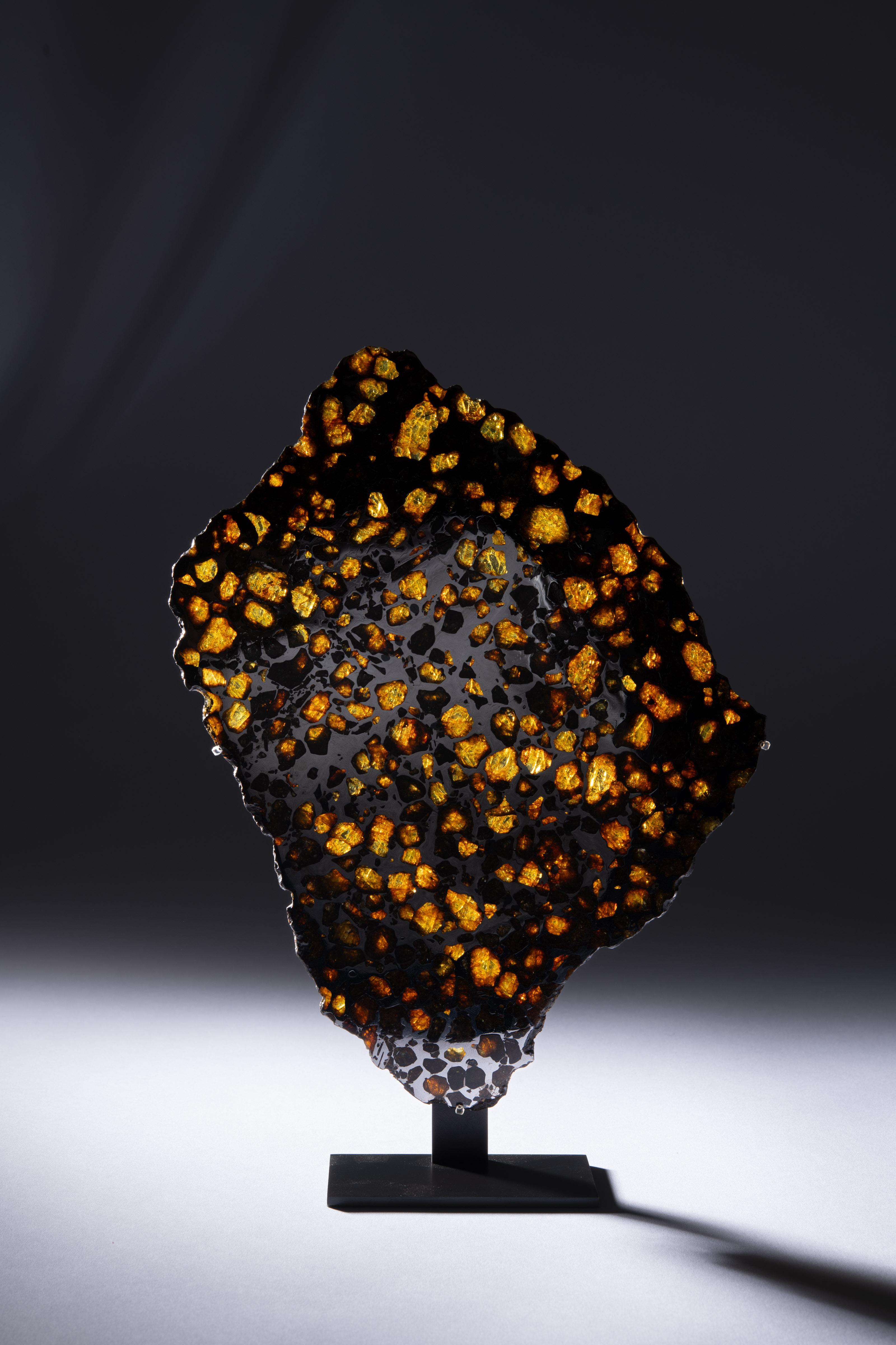 Meteorite Fragment with Peridot Crystals in Iron Matrix In Excellent Condition For Sale In London, GB