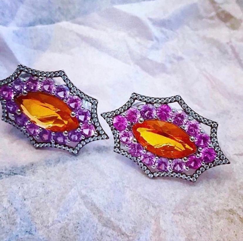 Exceptional Mexican Opal Purple Sapphires Diamond Gold Earrings In New Condition For Sale In Morristown, NJ