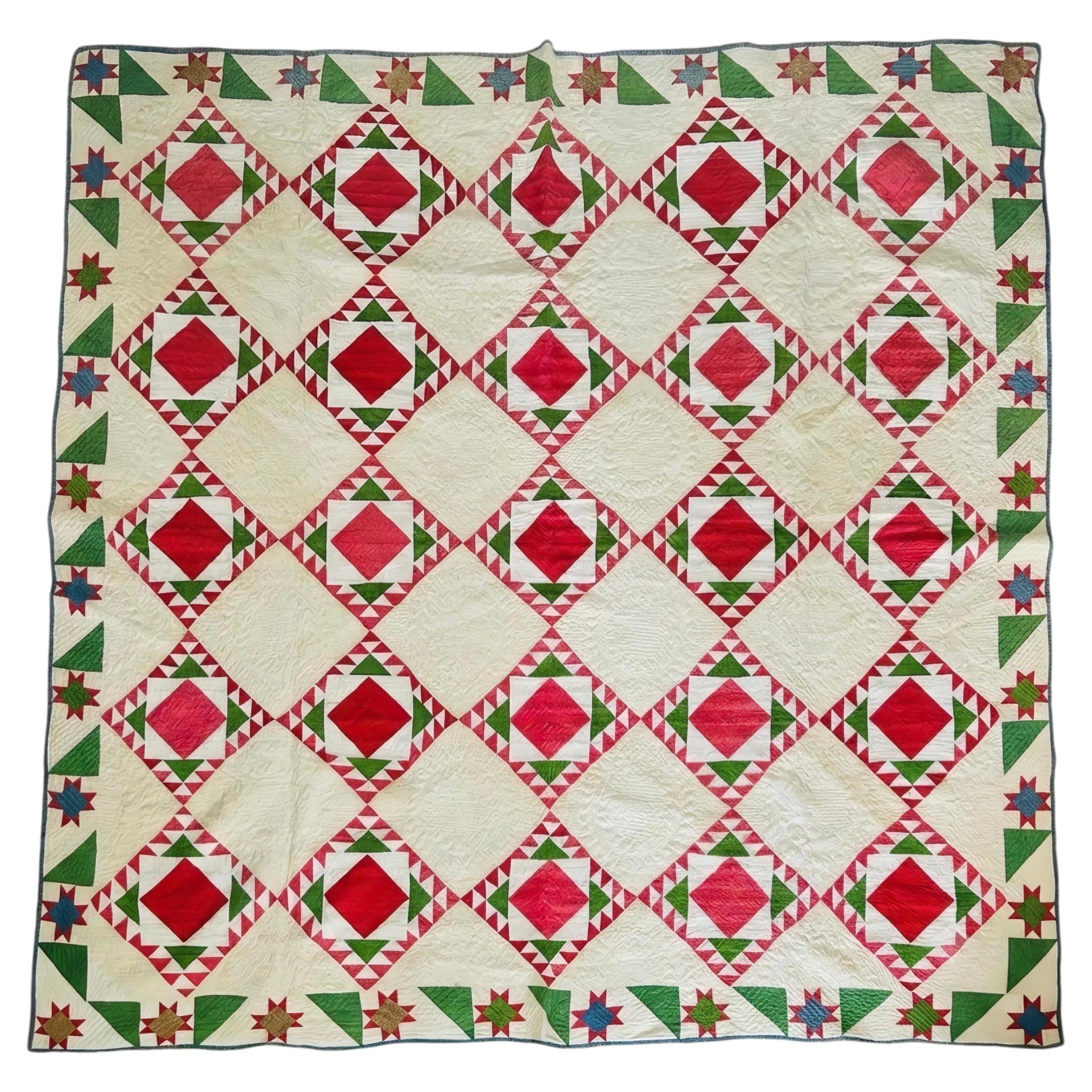 Exceptional Mid-19th Century Sawtooth Framed Diamond Quilt with Ohio Star Border For Sale