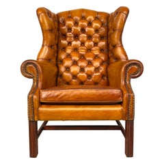 Exceptional Mid C Wide Back Leather Wing Back Chair Chesterfield Light Tan #500