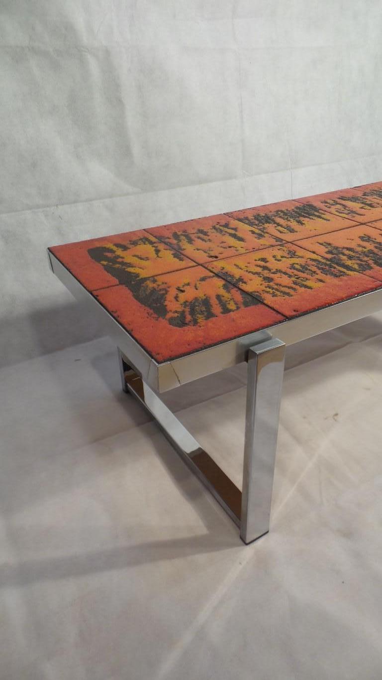 Italian Exceptional Midcentury Bright Orange Fat Lava and Chrome Coffee Table, 1970s For Sale