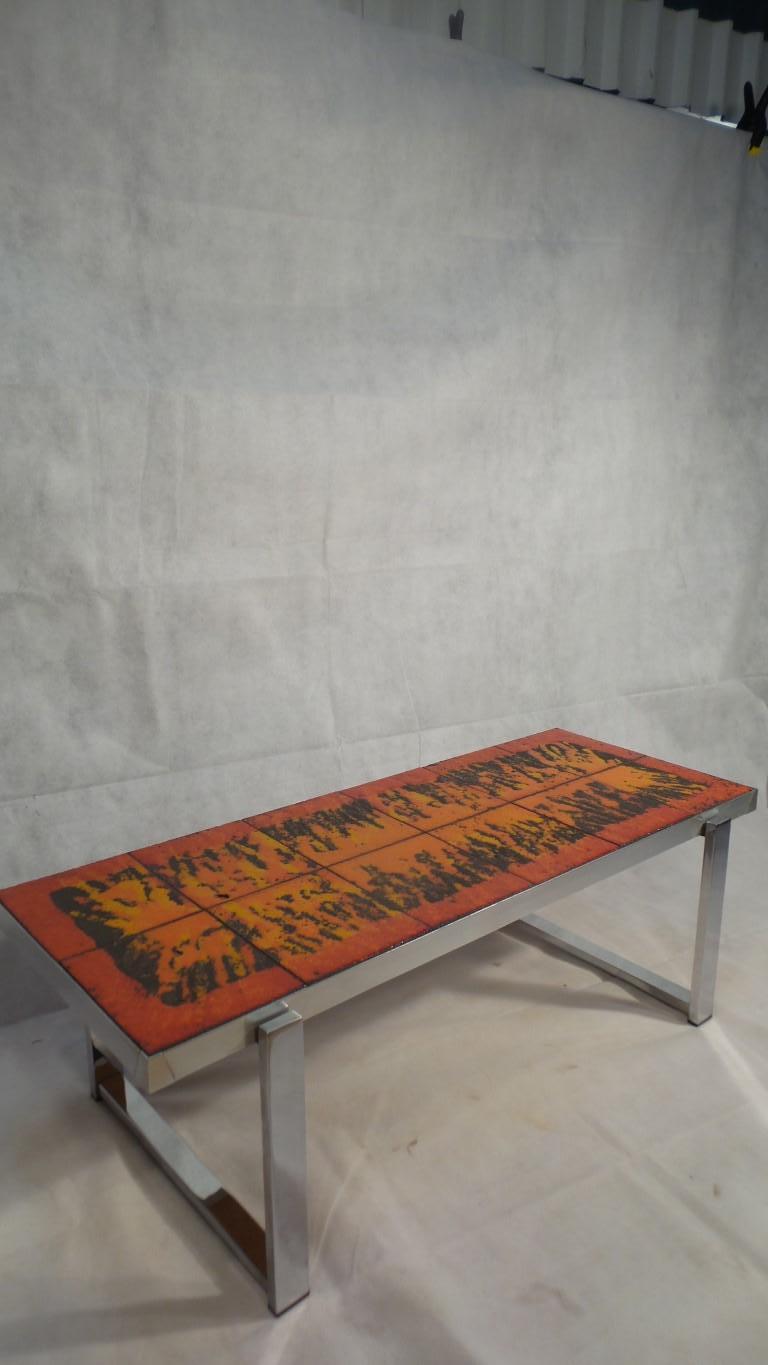 Exceptional Midcentury Bright Orange Fat Lava and Chrome Coffee Table, 1970s For Sale 2