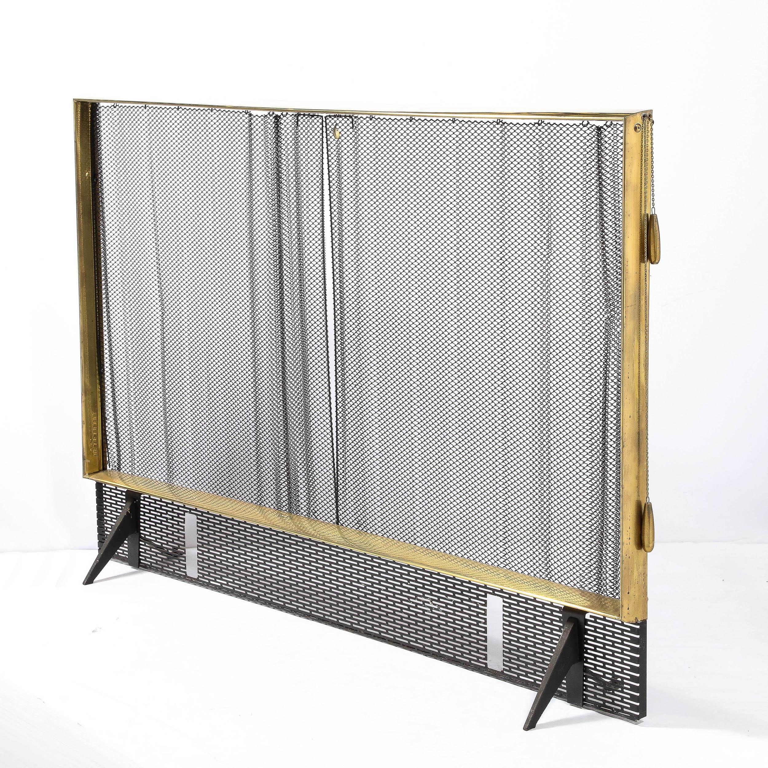 This elegant and important midcentury fire screen suite was realized by the legendary designer Donald Deskey- the visionary behind Radio City Music Hall- for Bennet in the United States, circa 1950. The fire screen offers an austere polished brass