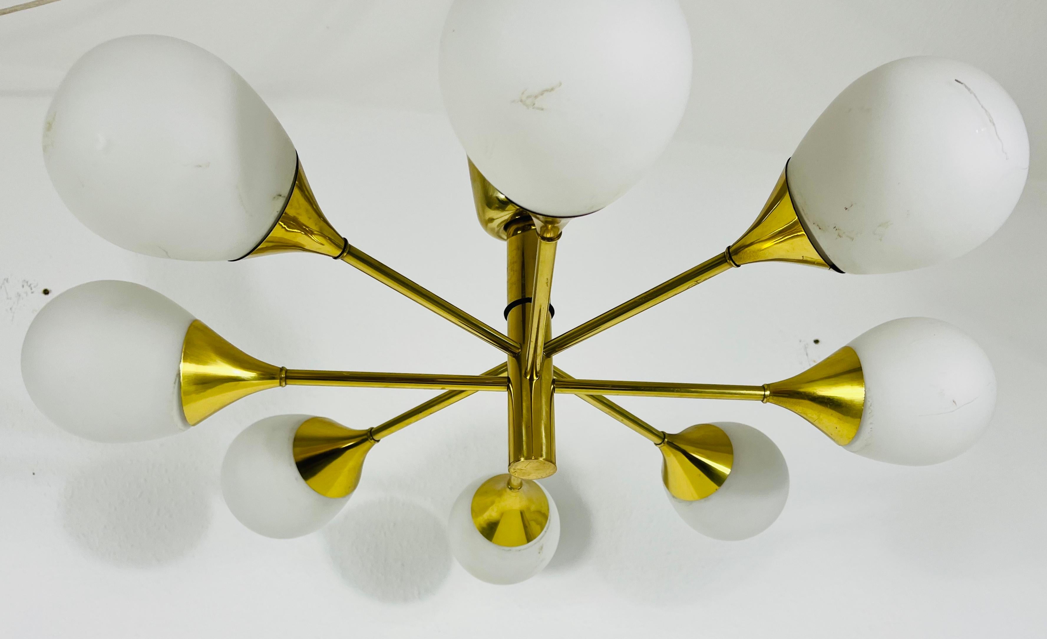 German Exceptional Mid-Century Modern Brass Kaiser 6-Arm Space Age Chandelier, 1960s For Sale