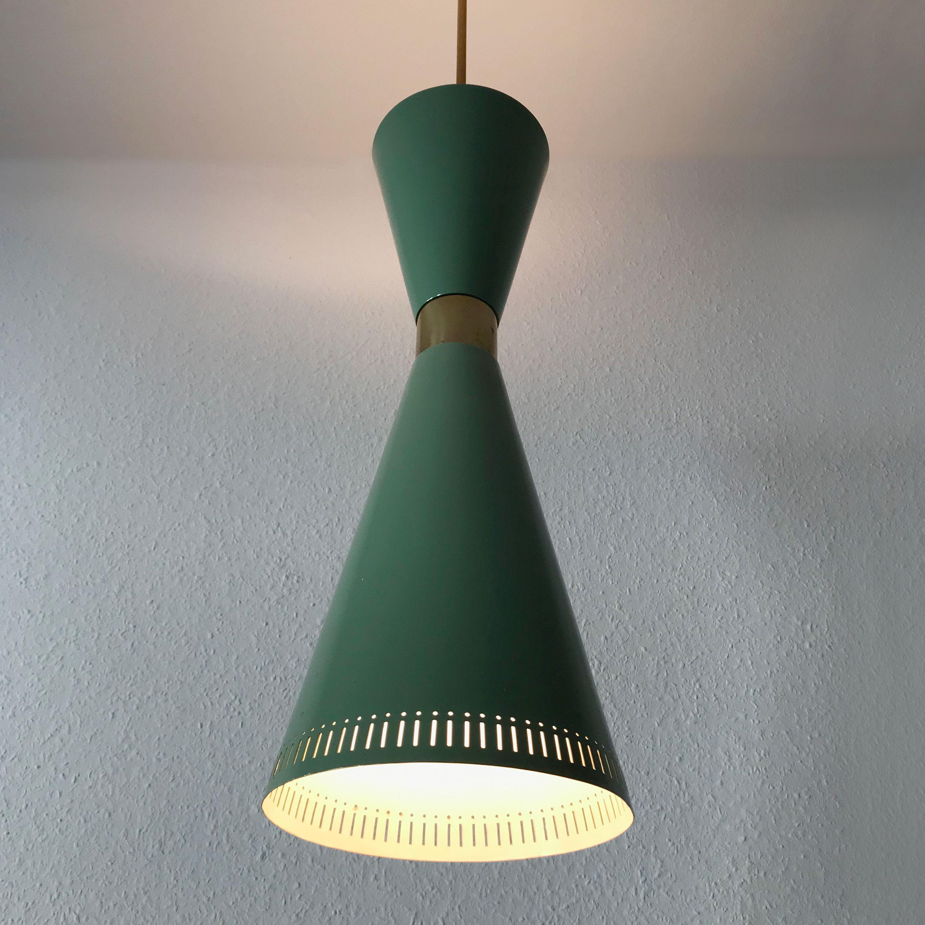 Extremely rare and large diabolo or hour glass pendant lamp with perforated aluminum shade in green color. Manufactured probably by BAG Turgi, 1950s, Switzerland. 

Executed in green lacquered aluminium and brass. The lamp needs 1 x E27 (bottom)