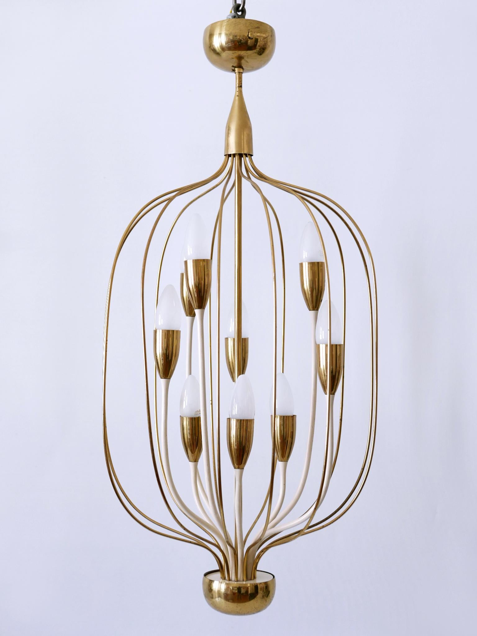 Laiton Exceptionnel lustre ou lampe suspendue à neuf flammes de style moderne du milieu du siècle dernier, années 1950 en vente