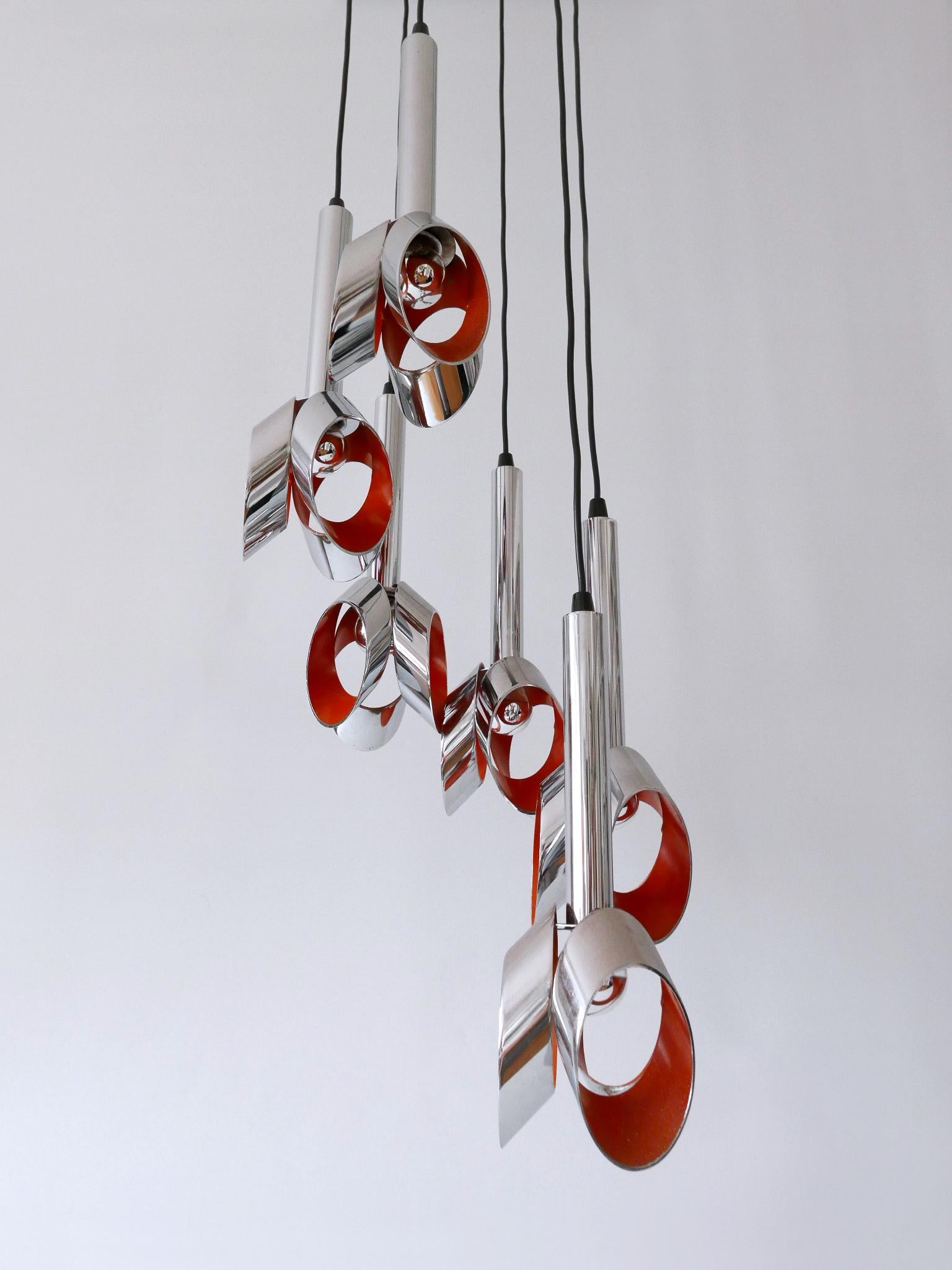 Eccezionale lampadario a sei bracci o lampada a sospensione a tulipano della modernità di metà secolo, anni '70 in vendita 2