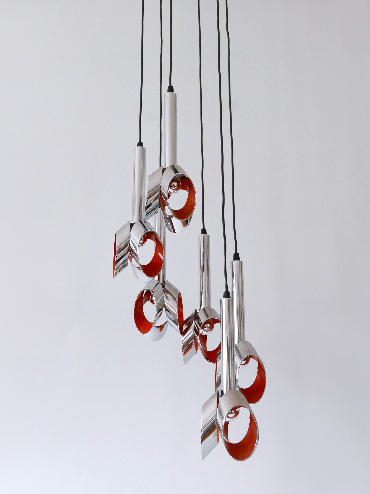 Dutch Exceptional Mid-Century Modern Six-Armed Tulip Chandelier or Pendant Lamp, 1970s For Sale