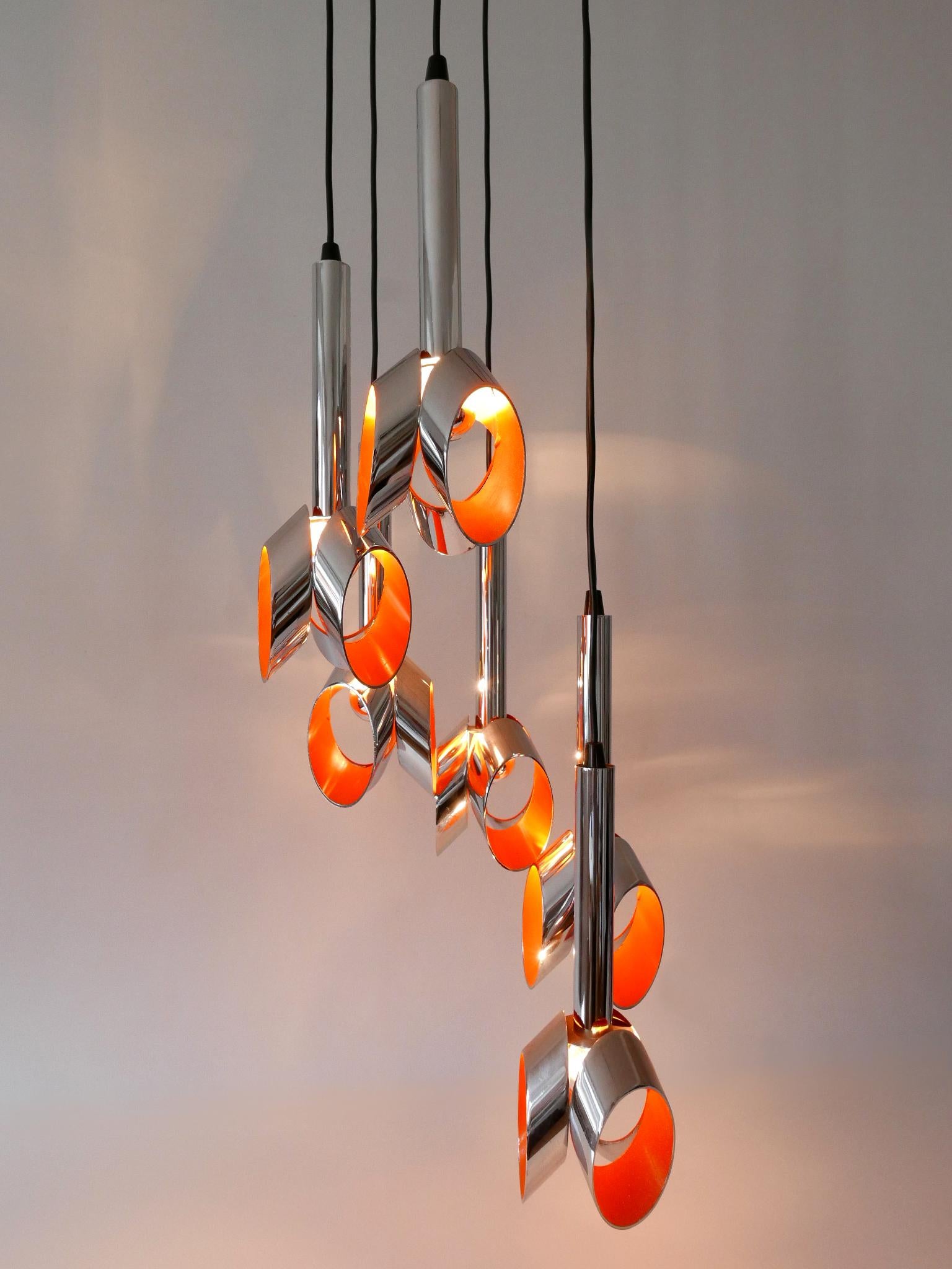 Metal Exceptional Mid-Century Modern Six-Armed Tulip Chandelier or Pendant Lamp, 1970s For Sale