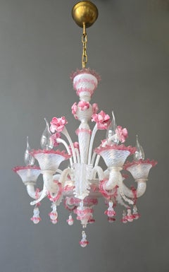 Exceptional Mid-Century Murano Glass Chandelier with Rare Pink Flowers, Italy