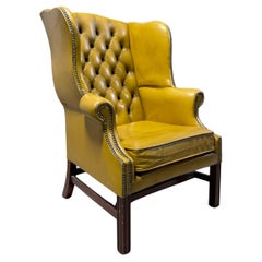 Exceptional MidC Chesterfield Wing Back Chairs in Original Soft Lemon Leather
