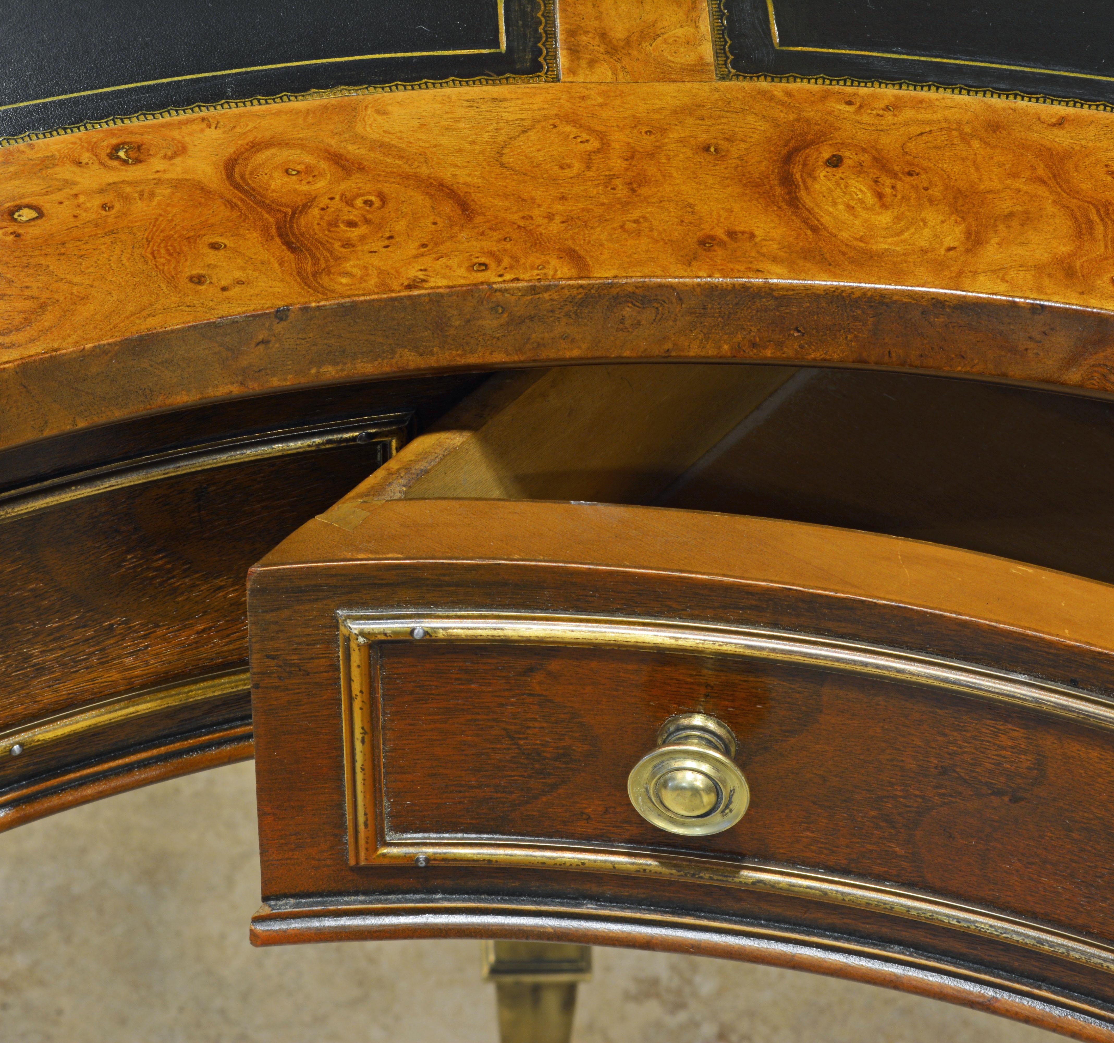 Exceptional Midcentury Semi Circular Brass and Burled Wood Desk by Mastercraft 4