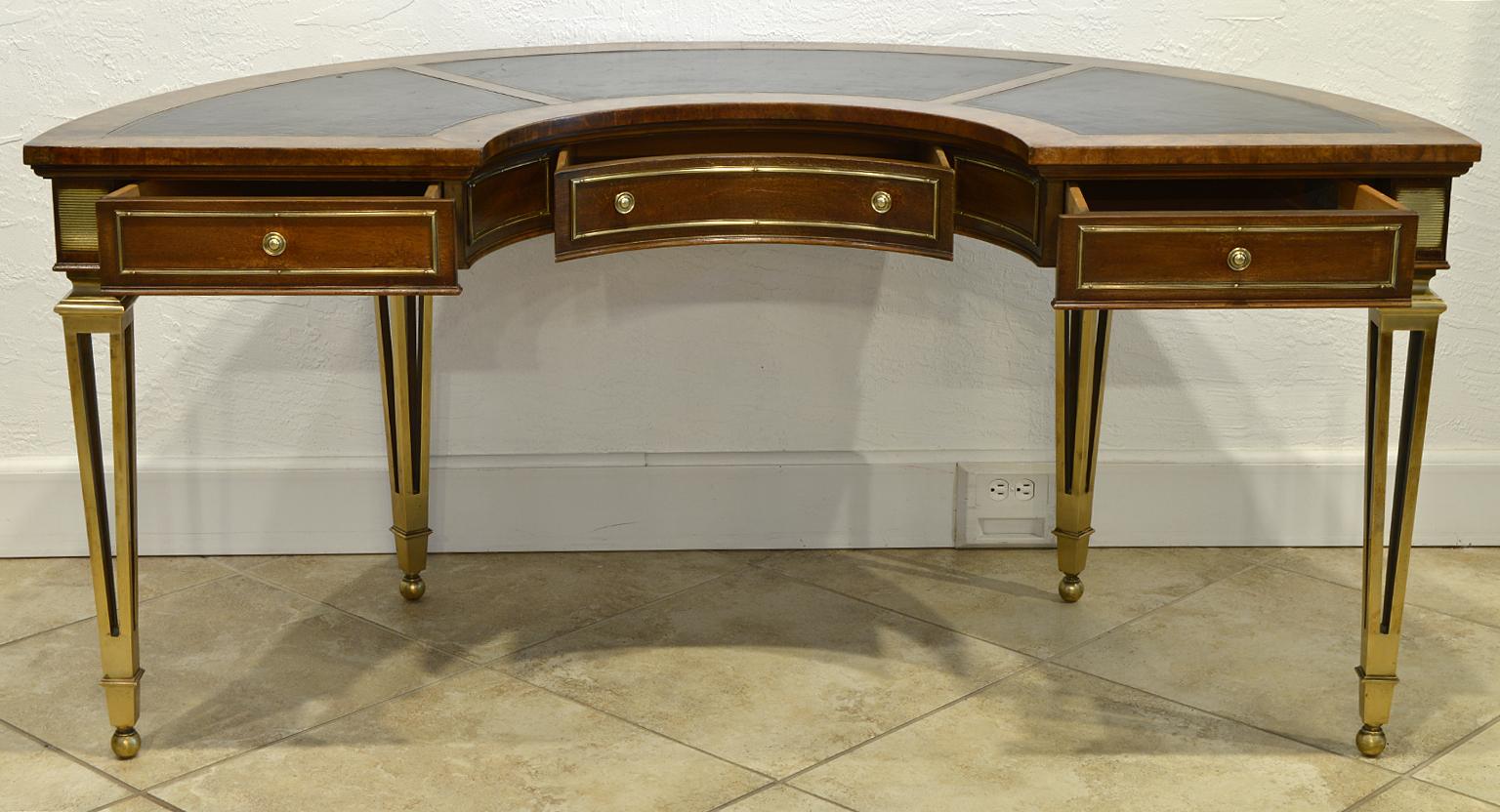 Exceptional Midcentury Semi Circular Brass and Burled Wood Desk by Mastercraft 3