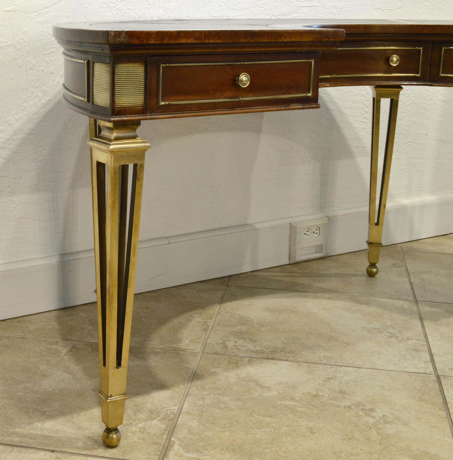 Exceptional Midcentury Semi Circular Brass and Burled Wood Desk by Mastercraft 5