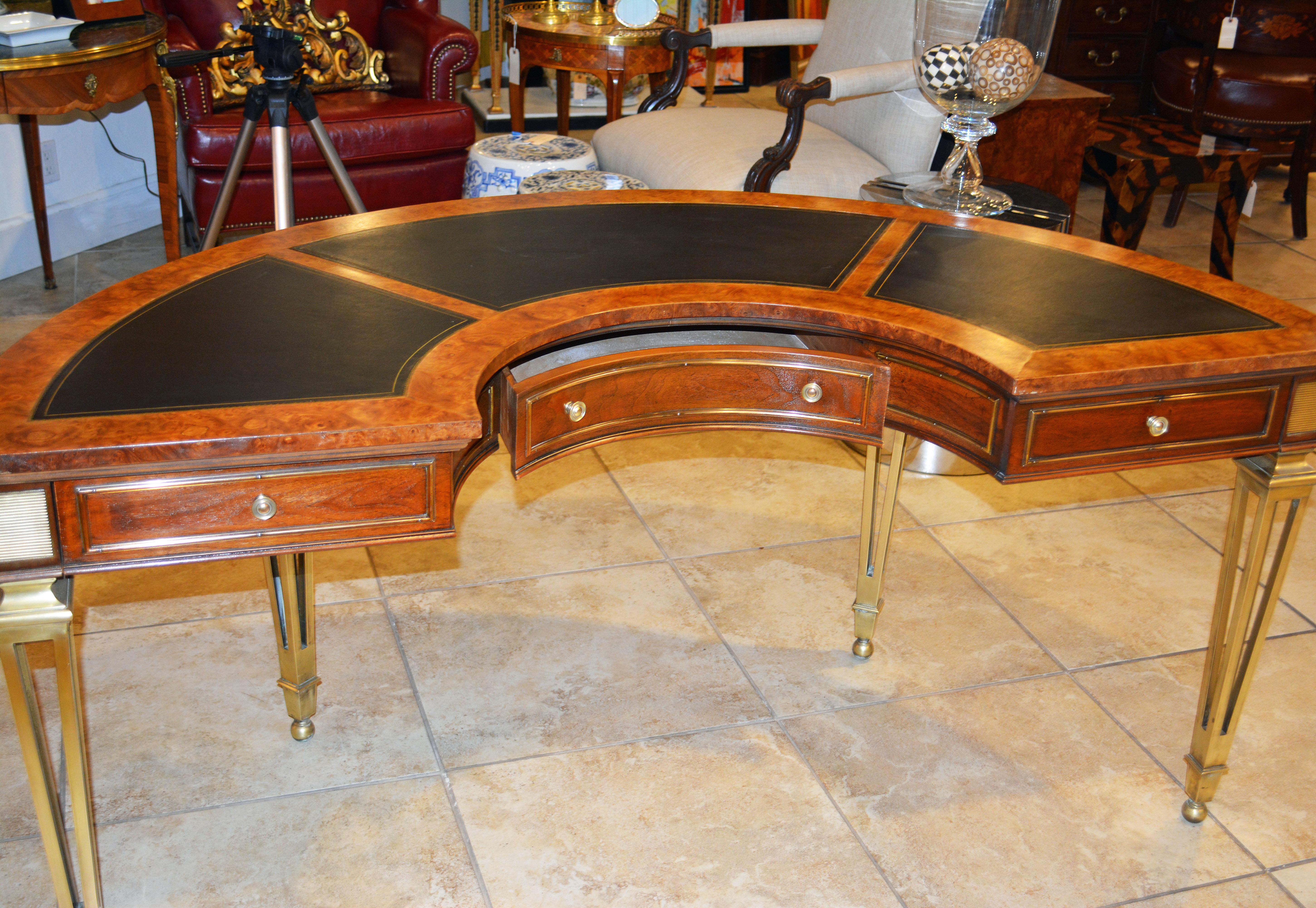 Exceptional Midcentury Semi Circular Brass and Burled Wood Desk by Mastercraft 11