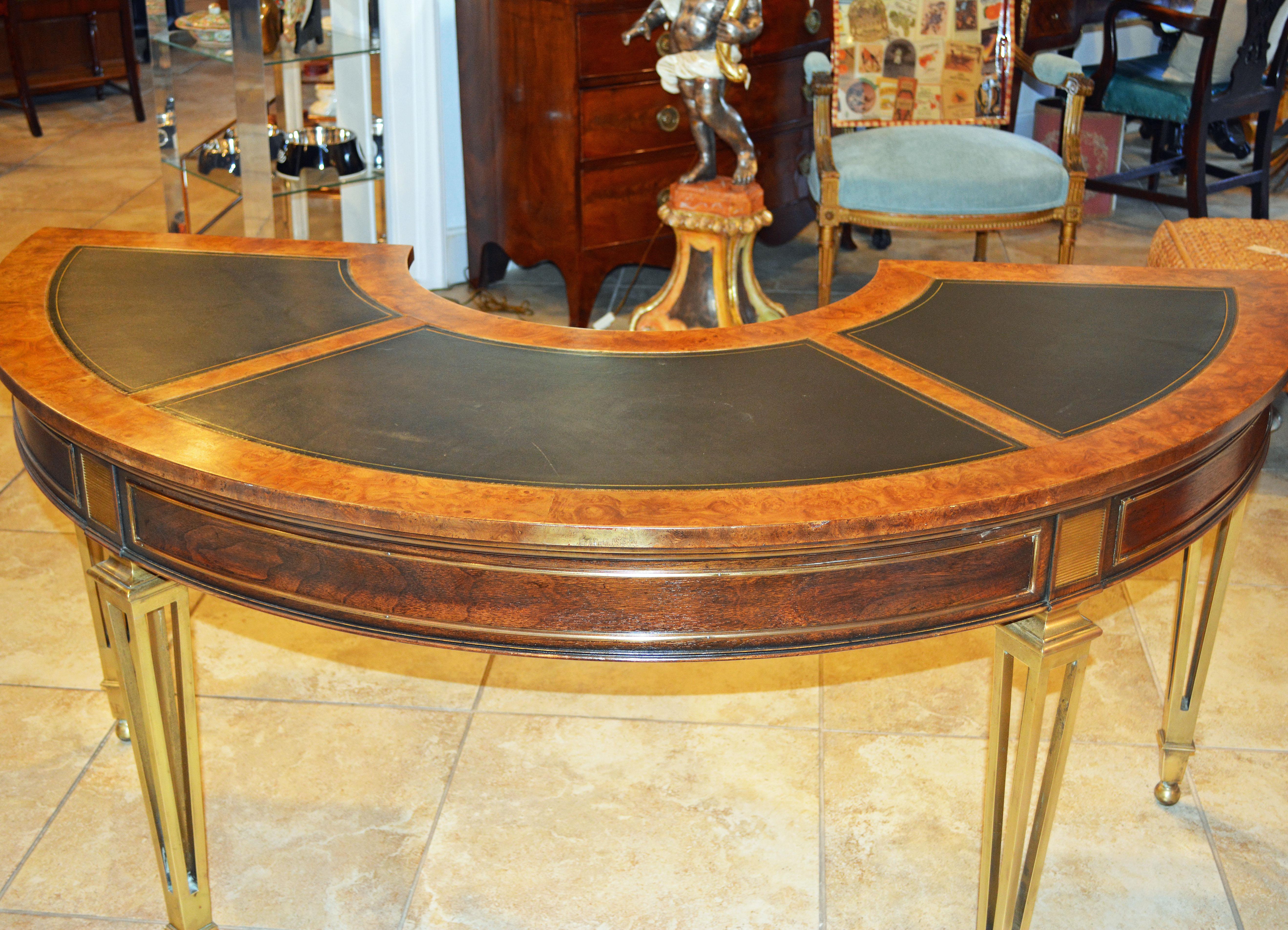 Exceptional Midcentury Semi Circular Brass and Burled Wood Desk by Mastercraft 12