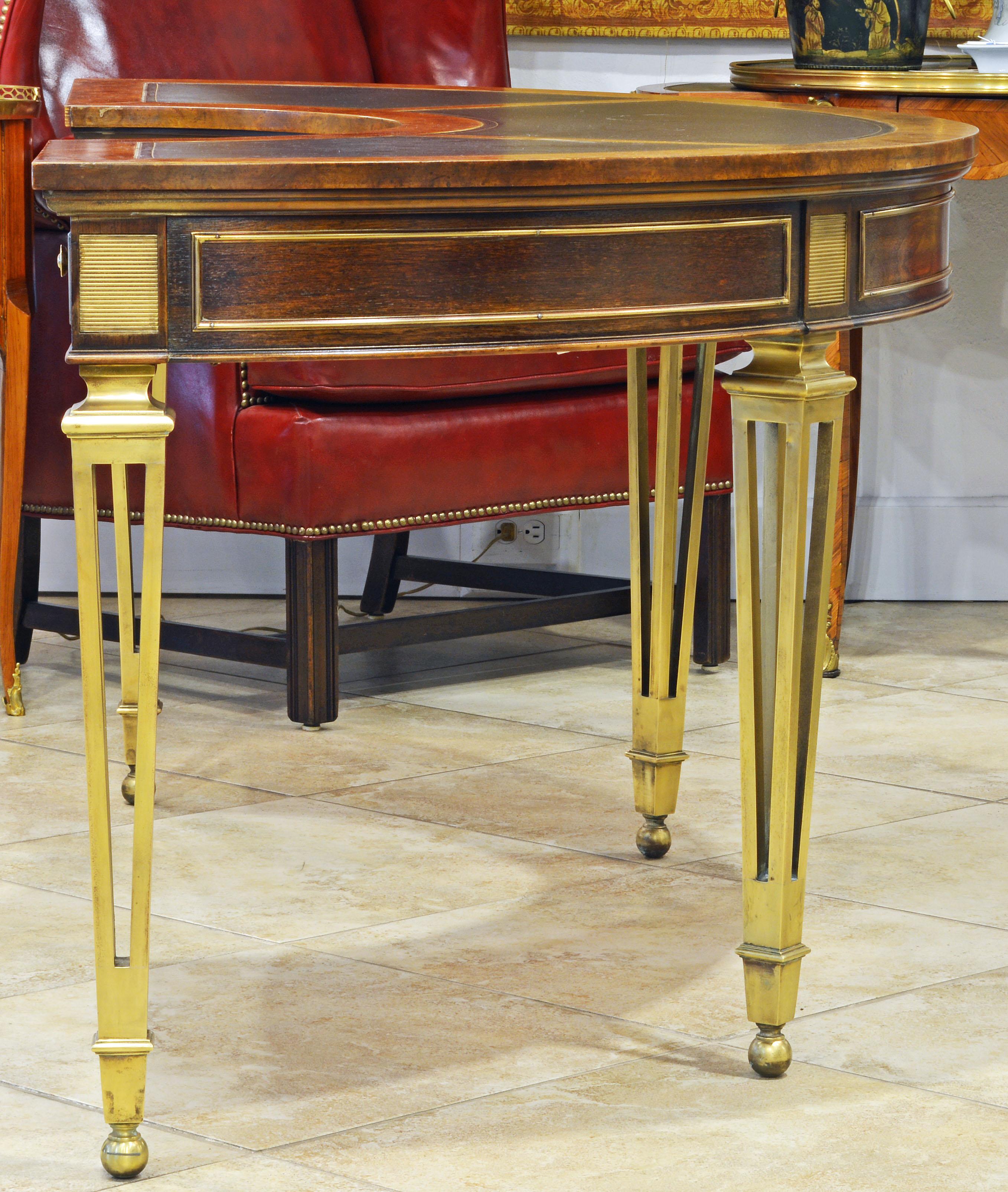 Directoire Exceptional Midcentury Semi Circular Brass and Burled Wood Desk by Mastercraft
