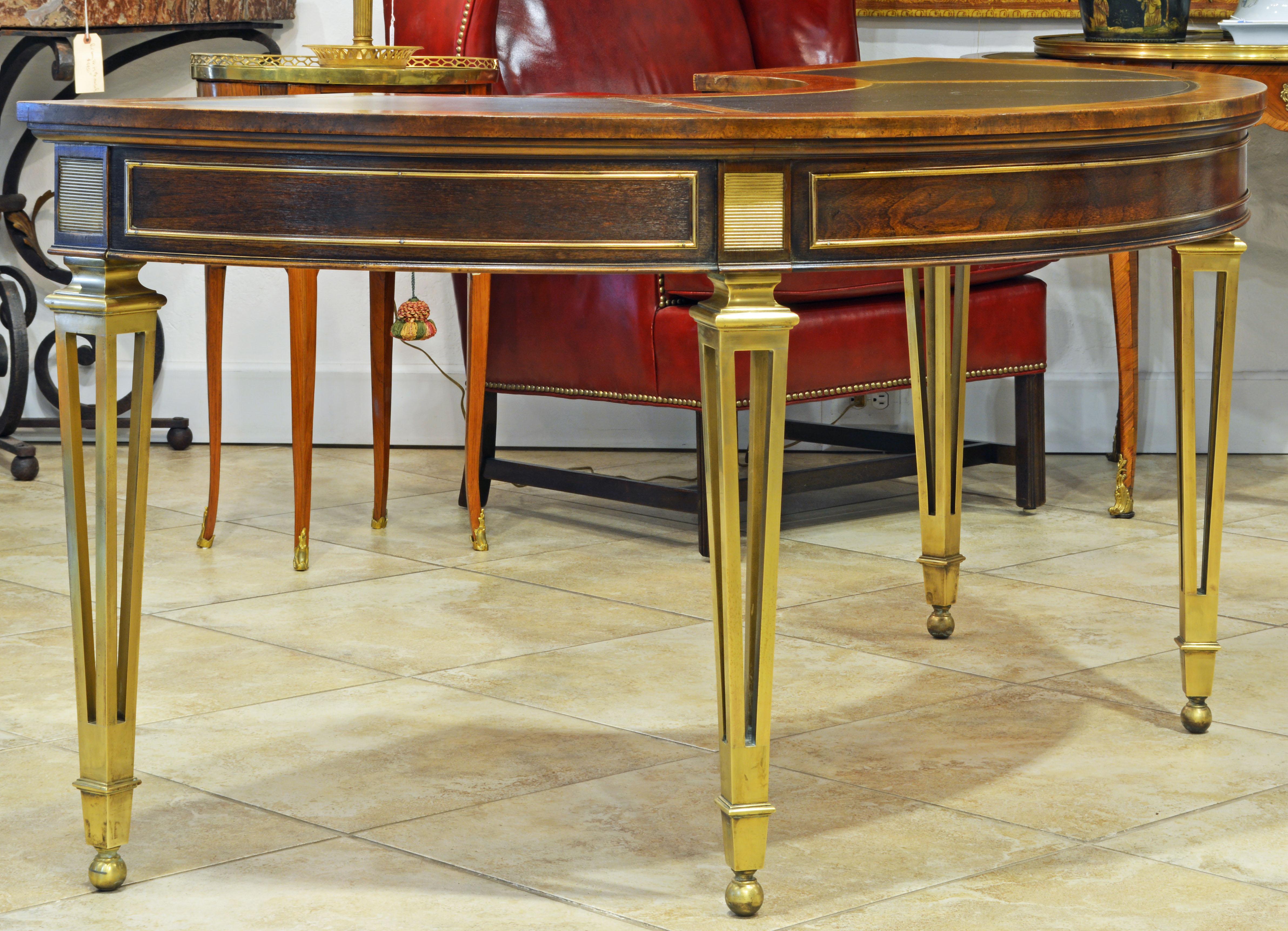 American Exceptional Midcentury Semi Circular Brass and Burled Wood Desk by Mastercraft