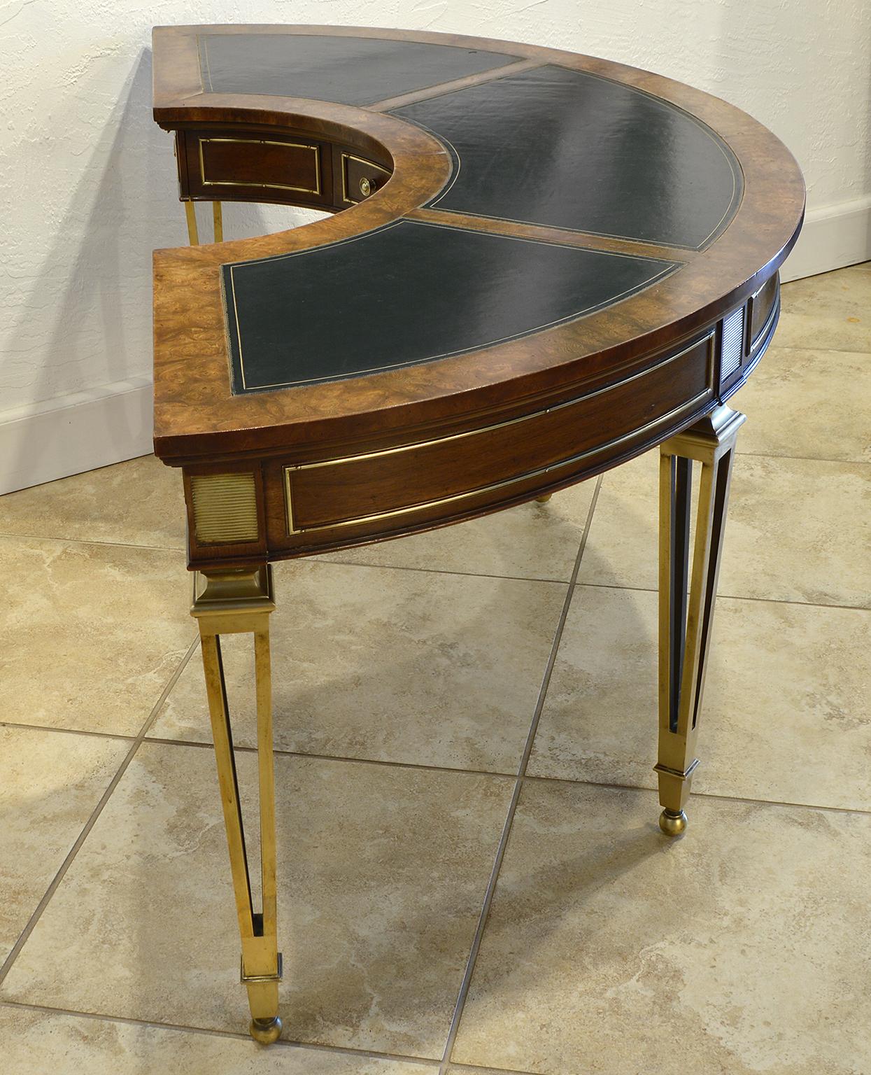 American Exceptional Midcentury Semi Circular Brass and Burled Wood Desk by Mastercraft