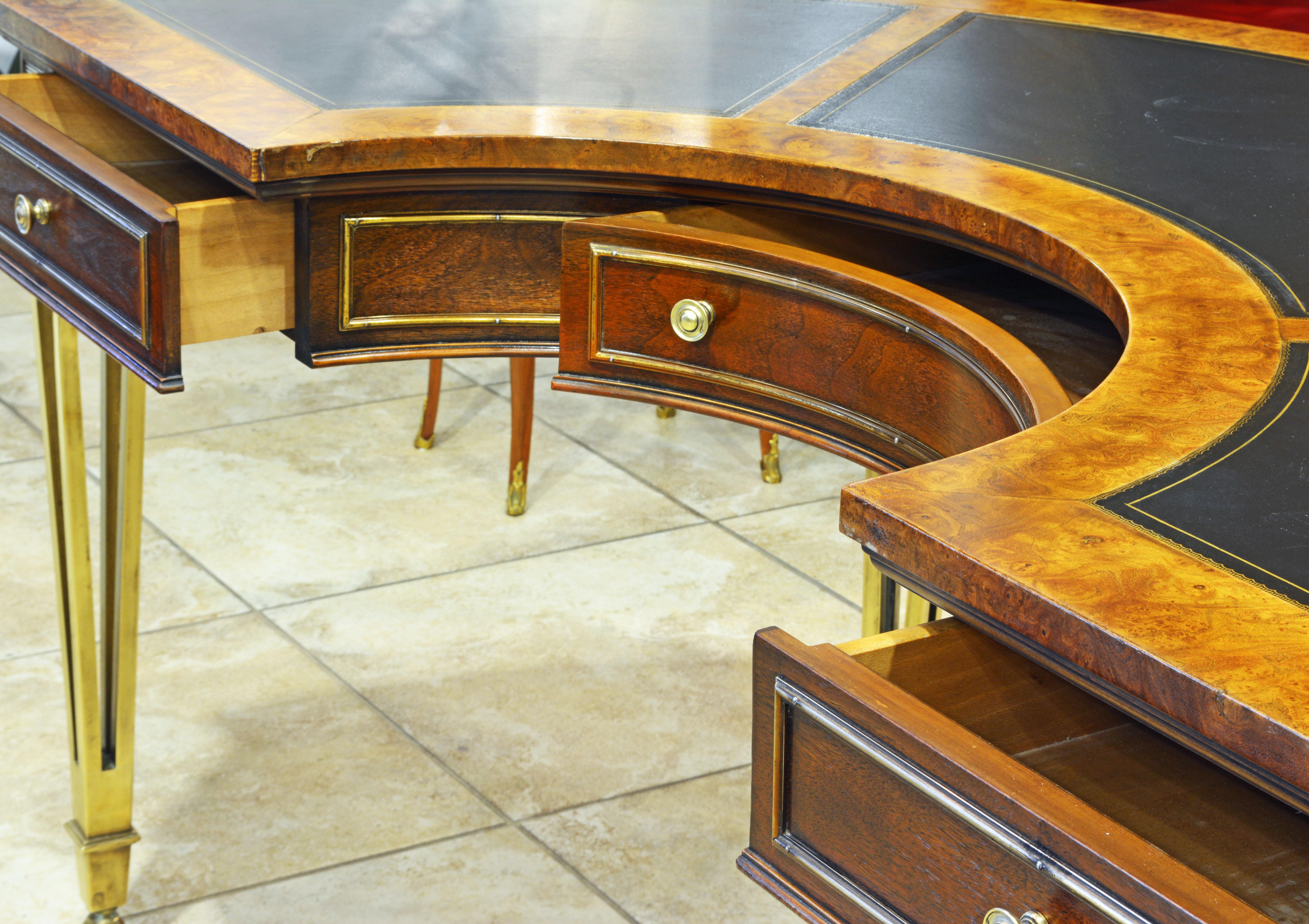 Exceptional Midcentury Semi Circular Brass and Burled Wood Desk by Mastercraft 1
