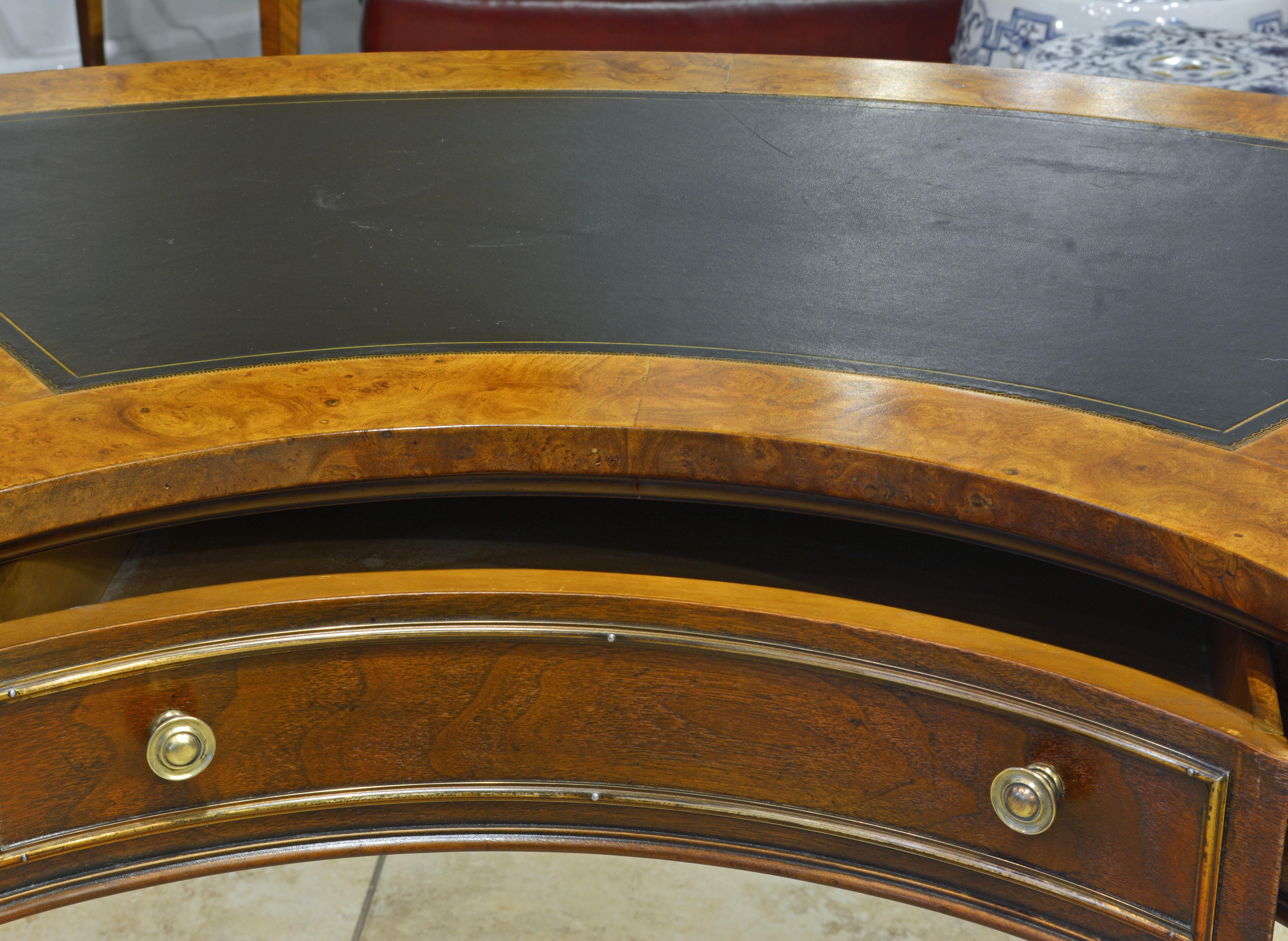 Exceptional Midcentury Semi Circular Brass and Burled Wood Desk by Mastercraft 3