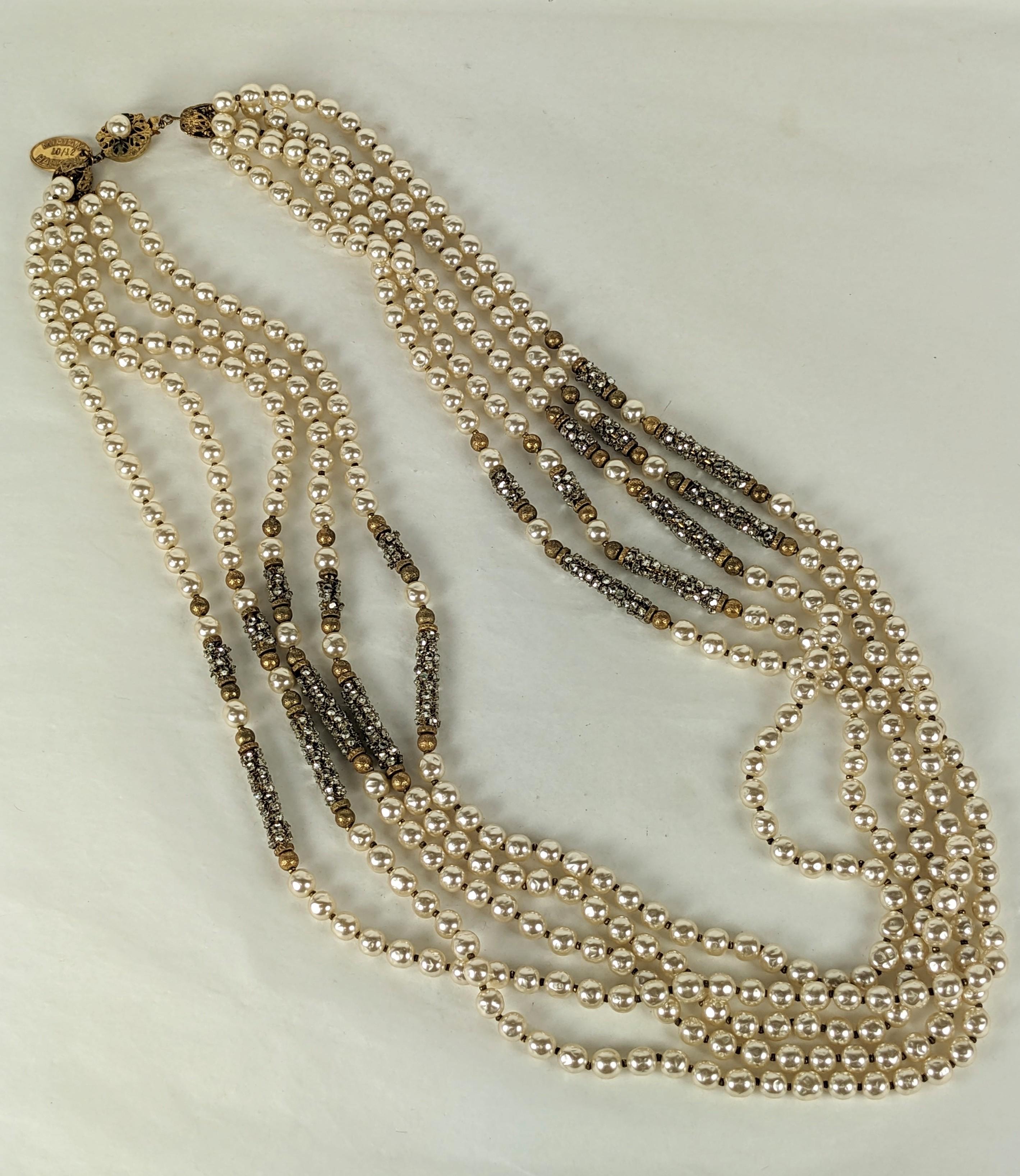 Exceptional Miriam Haskell Pearl and Rose Monte Pave Bar Necklace from the 1980's. This necklace is a reissue of a famous piece by Miriam Haskell from the 1930's. A series of the finest pieces ever produced was reissued in limited editions of 12 and