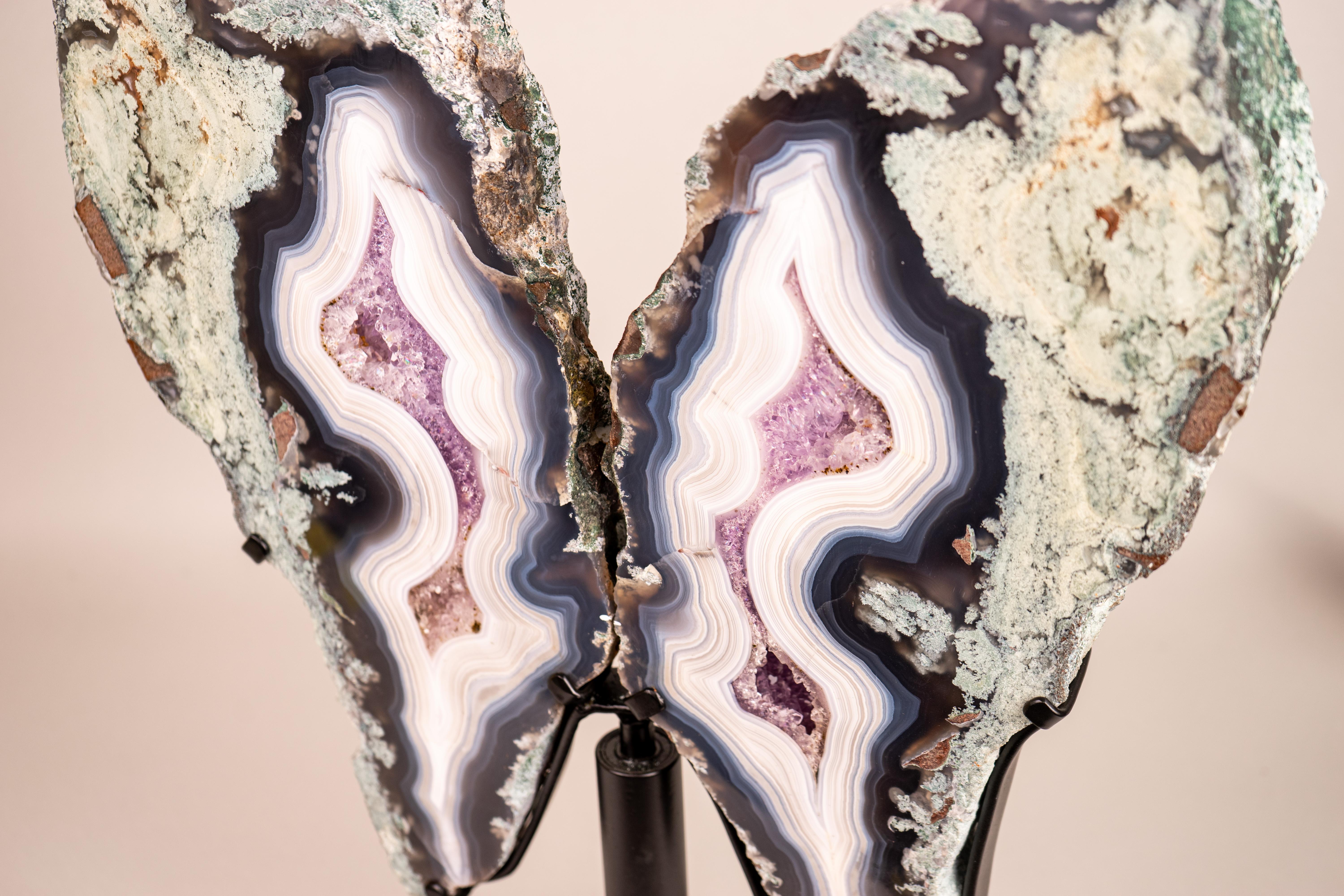 Exceptional Moss, Blue & White Banded Agate Butterfly Wings en venta 1