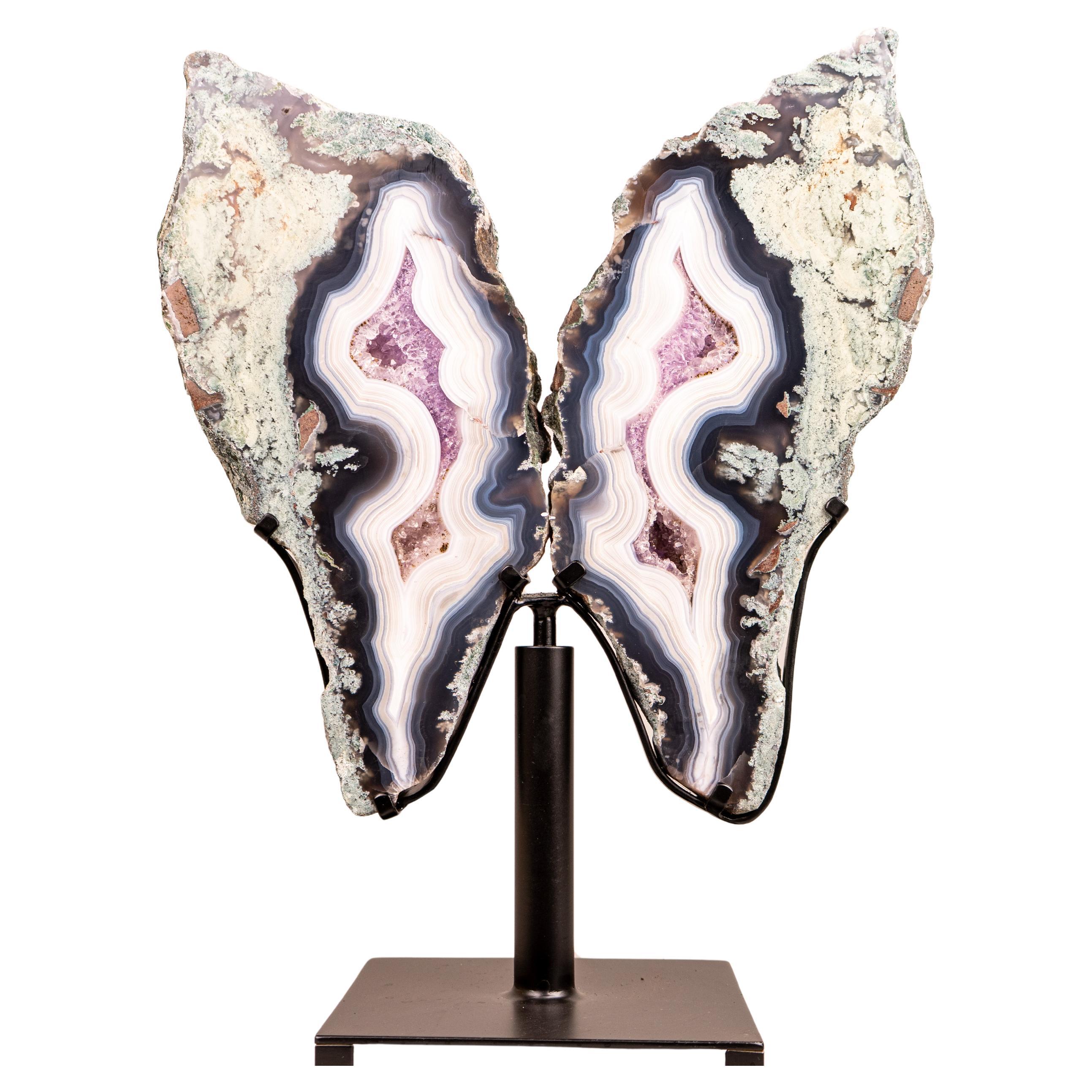 Exceptional Moss, Blue & White Banded Agate Butterfly Wings en venta