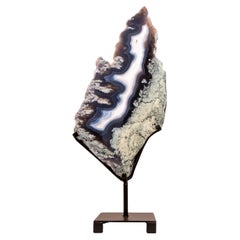 Exceptional Moss, Blue & White Banded Agate Slice with a Crocodile Drawing