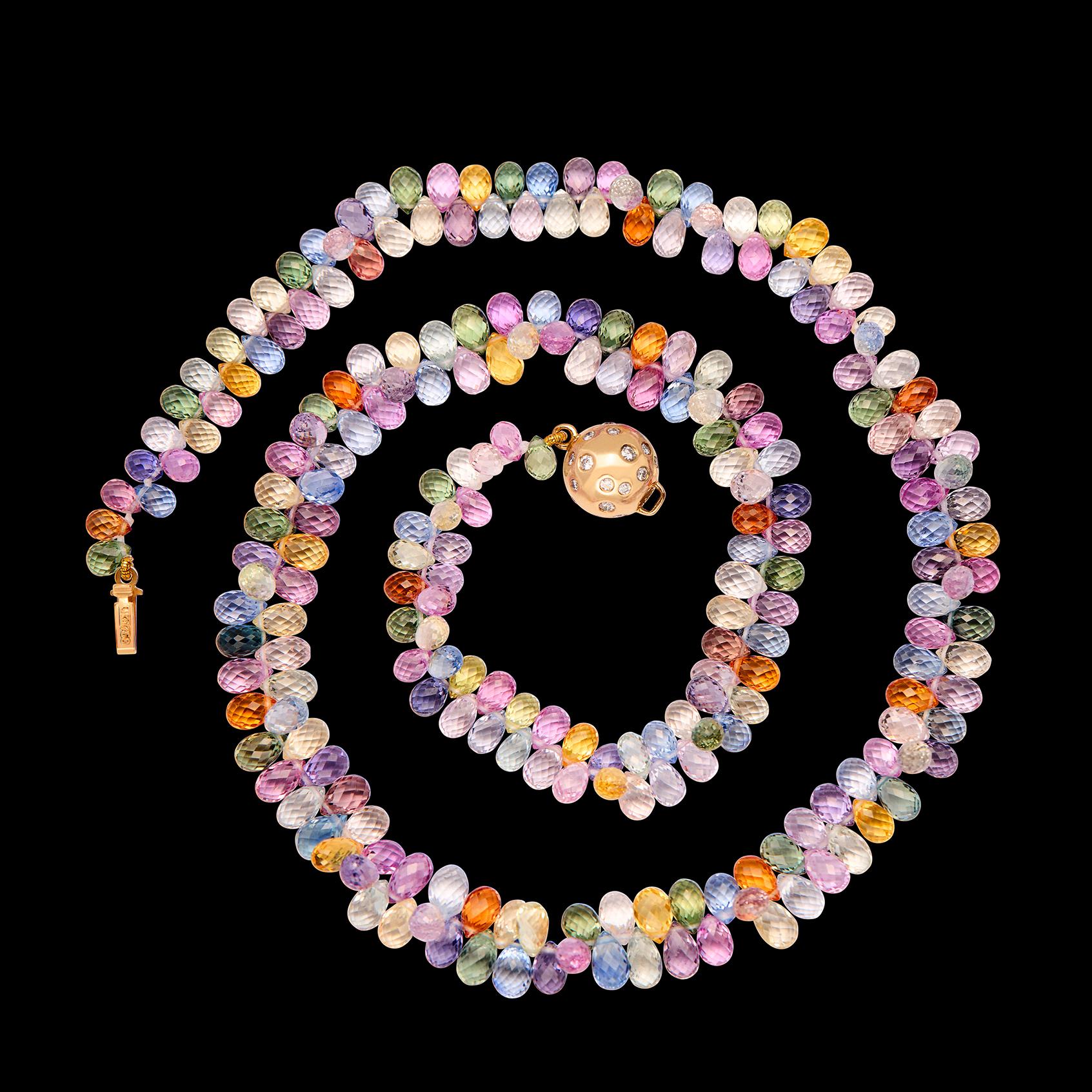Briolette Cut Exceptional Multi-Color Sapphire & 18k Gold Necklace For Sale