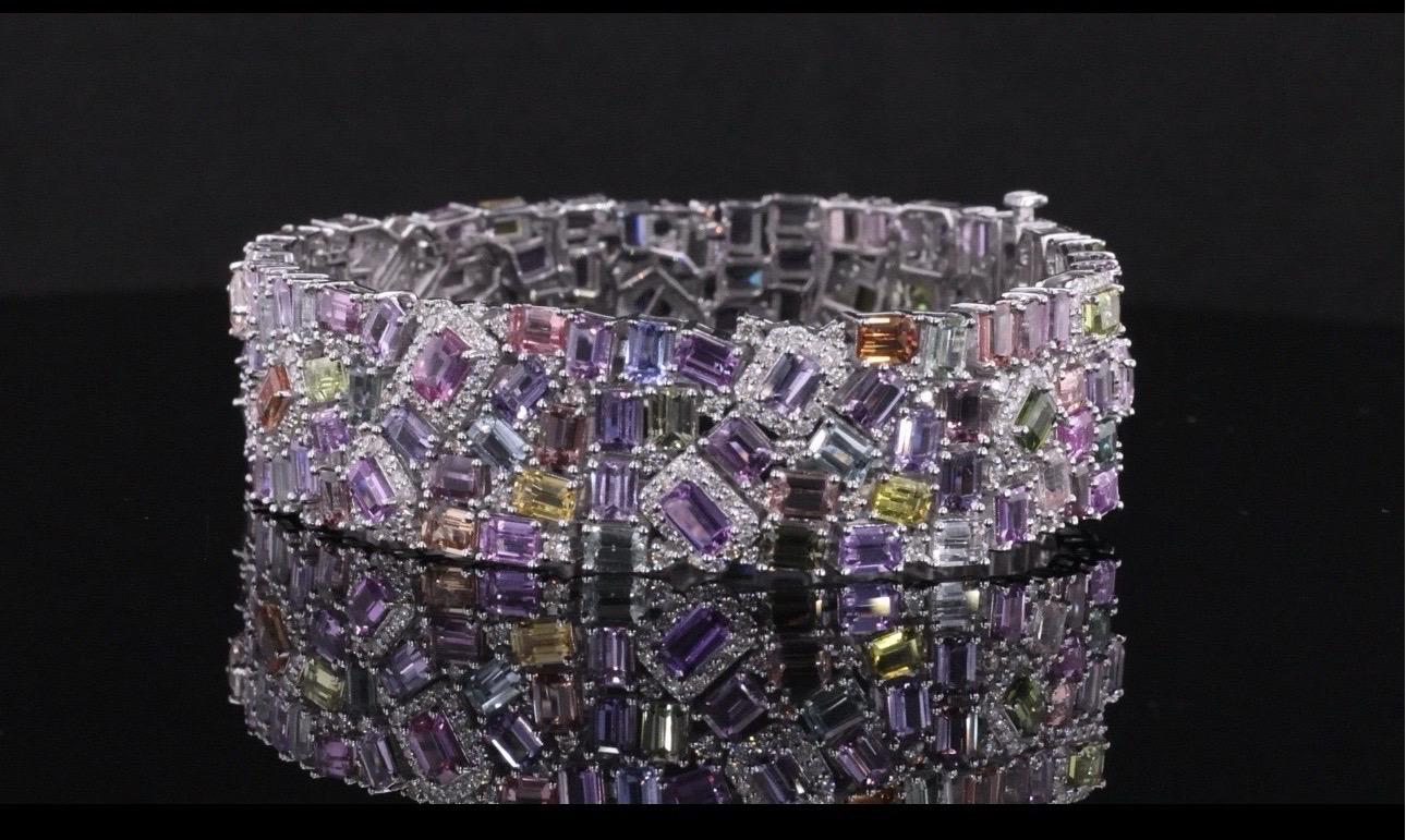 Excepcional Pulsera de Zafiro Multicolor y Diamantes en Oro Blanco de 14 K en venta 3