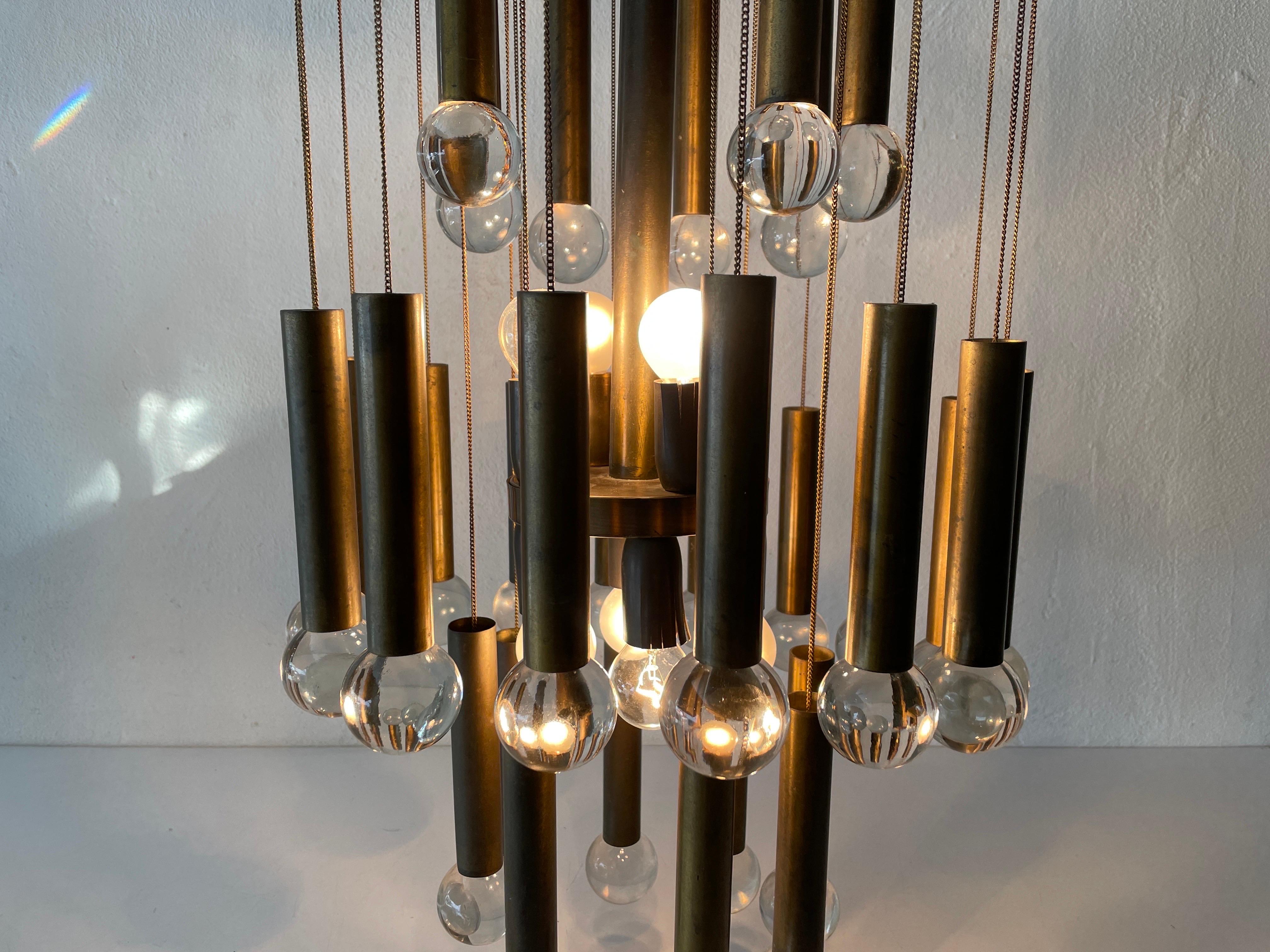 Exceptional Multiple Tubes with Glass Balls Brass Chandelier, 1960s, Italy For Sale 6